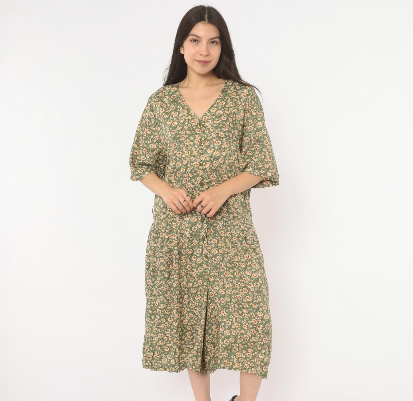 90s Westport Ltd. Floral Midi Romper Button Front Calico Print Olive Cream Extra Large XXL
