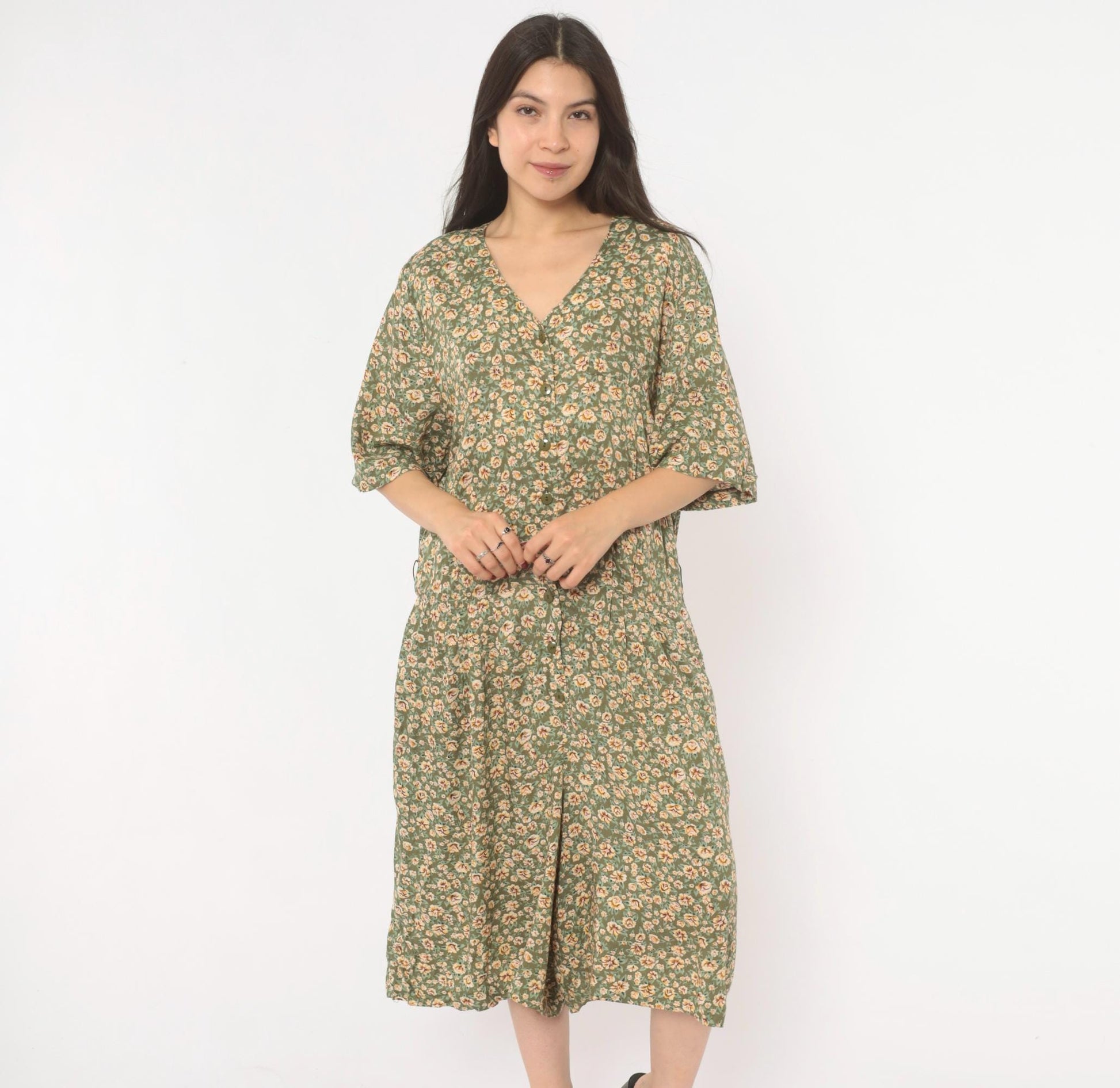 90s Westport Ltd. Floral Midi Romper Button Front Calico Print Olive Cream Extra Large XXL