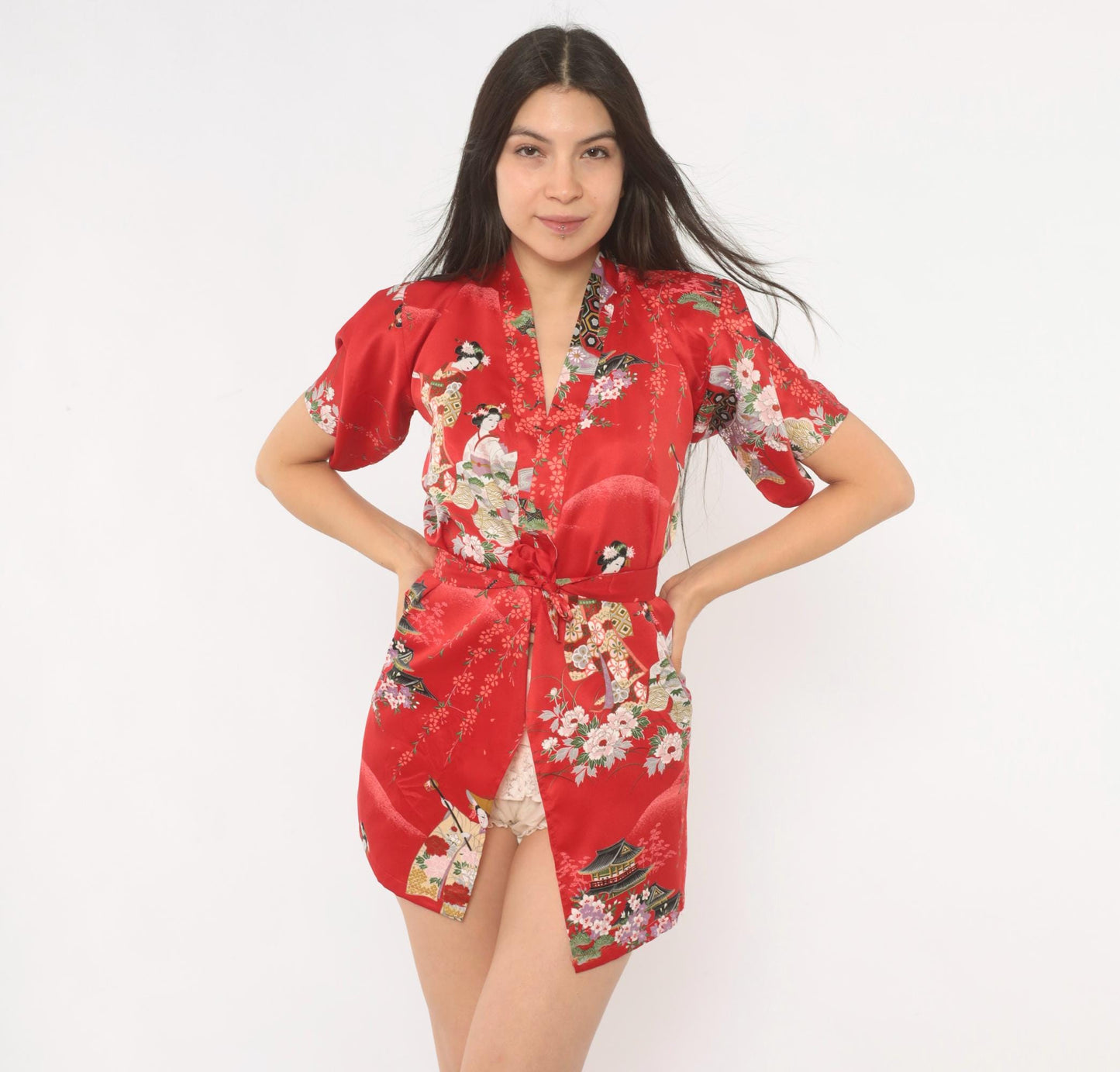 90s Red Geisha Cherry Blossom Satin Kimono Robe Mini XXS