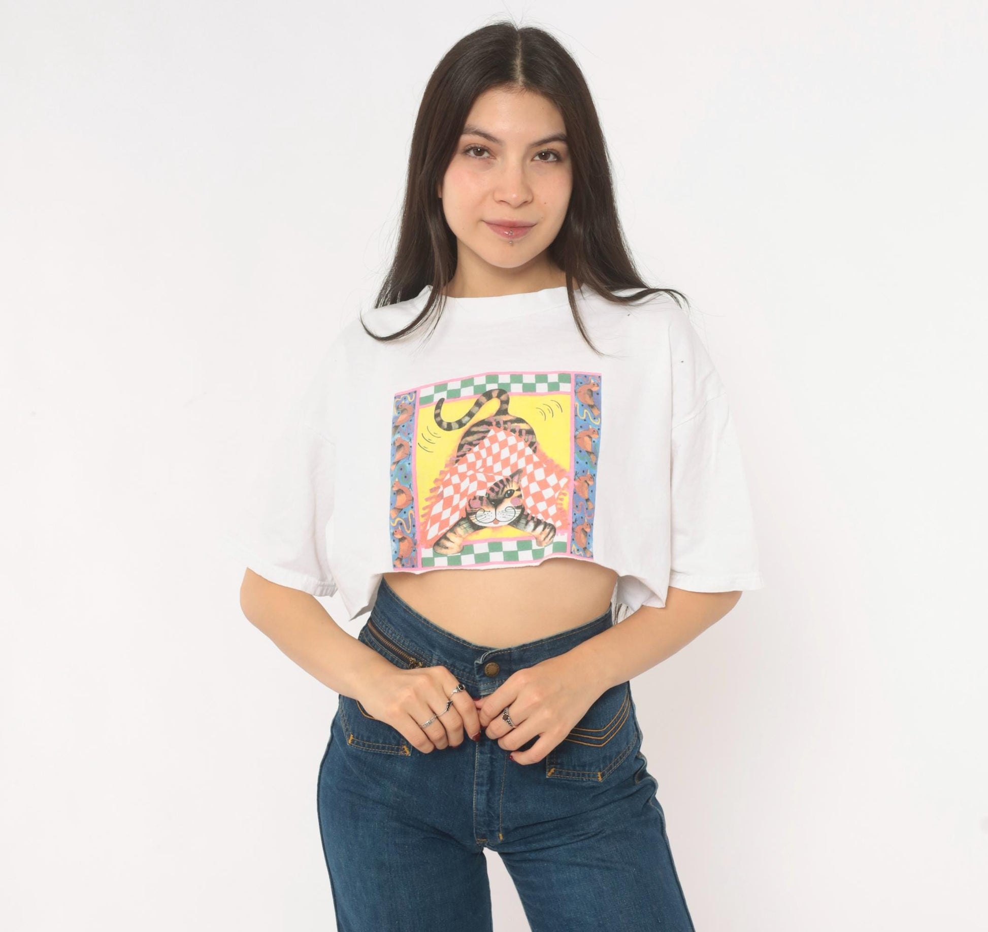 90s Fruit Of The Loom Cat Checkered Graphic Crop Top White Cotton Medium