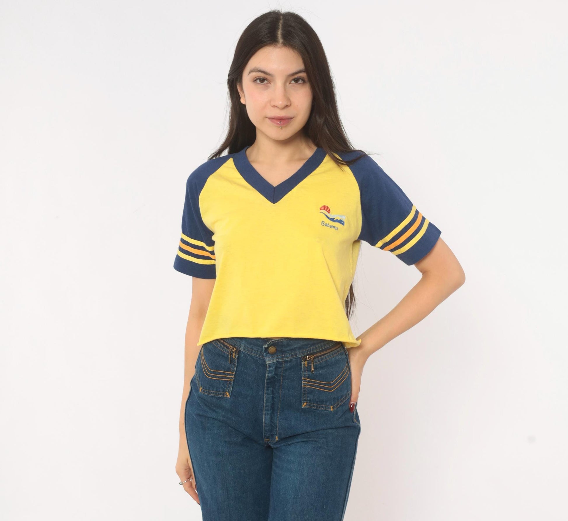 80s Windswept Bahamas Raglan Crop Top Yellow Navy Striped Small