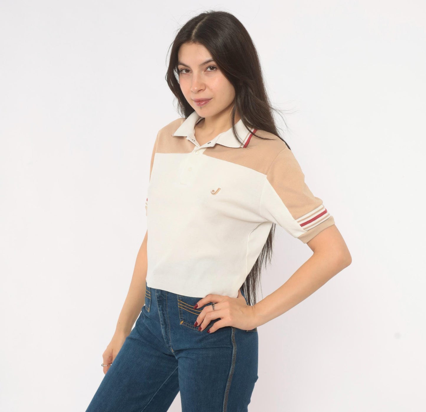 80s Jantzen Polo Cream Tan Color Block Snap Button Knit Top Small S