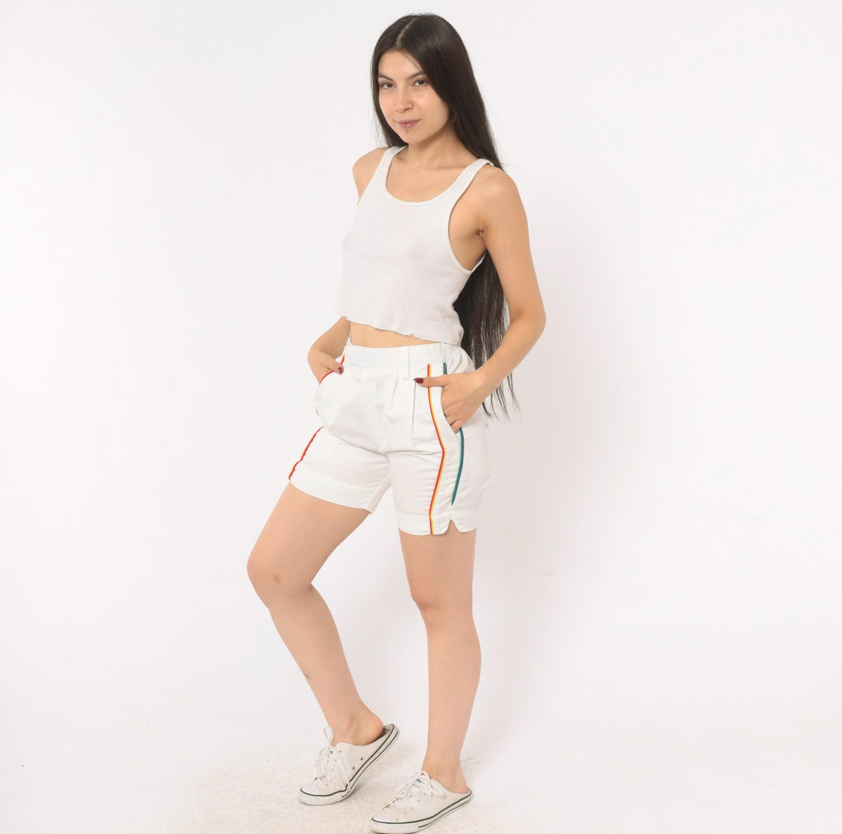 80s Rainbow Stripe White Cotton Bermuda Shorts High Waist Pleated Small S