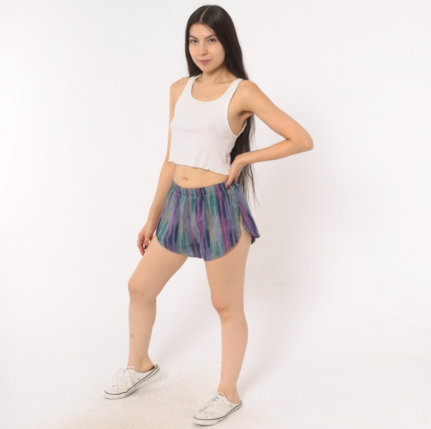 80s Pounders Striped Runner Shorts Purple Teal Navy Cotton Dolphin Hem Small S