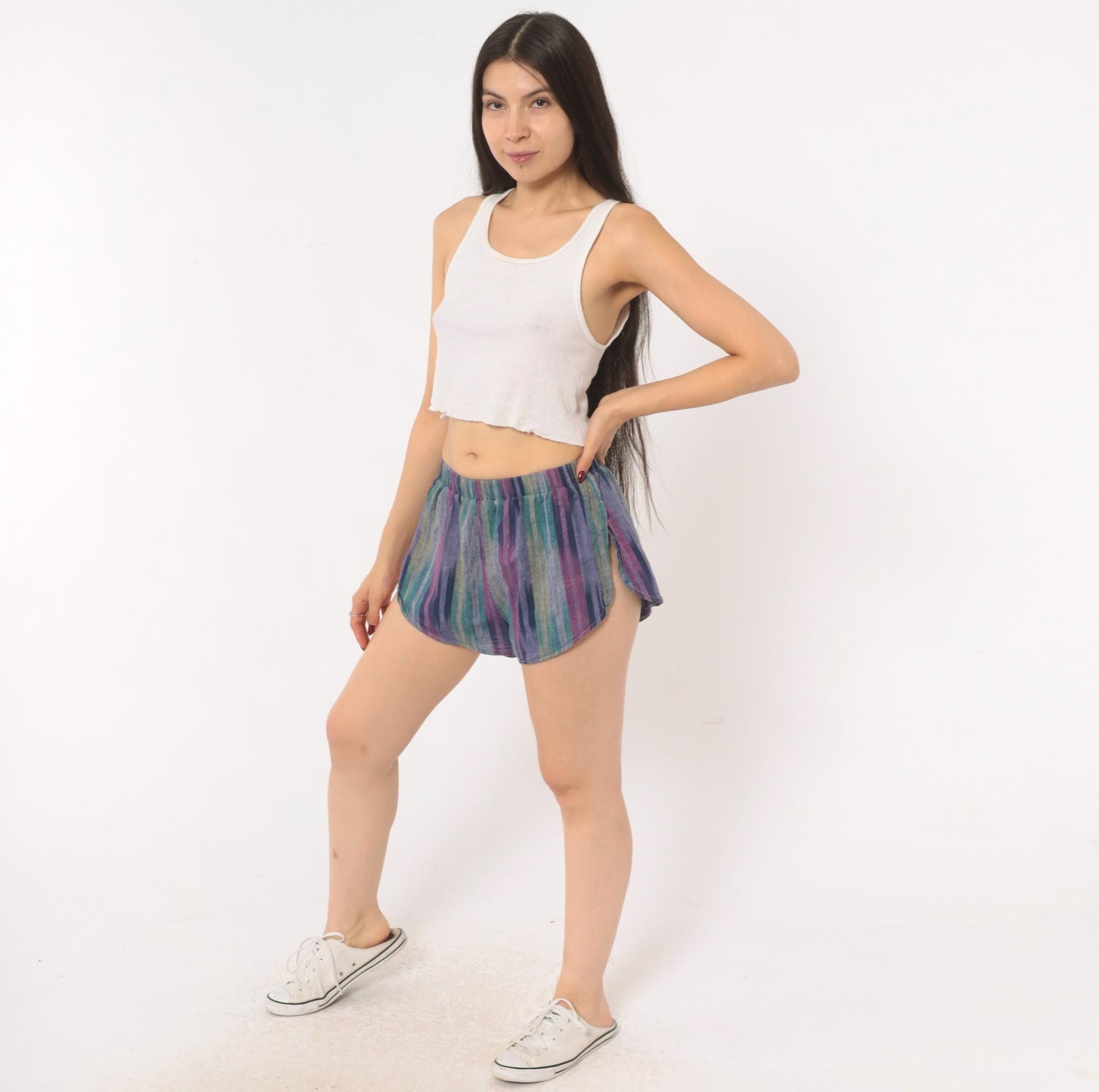80s Pounders Striped Runner Shorts Purple Teal Navy Cotton Dolphin Hem Small S