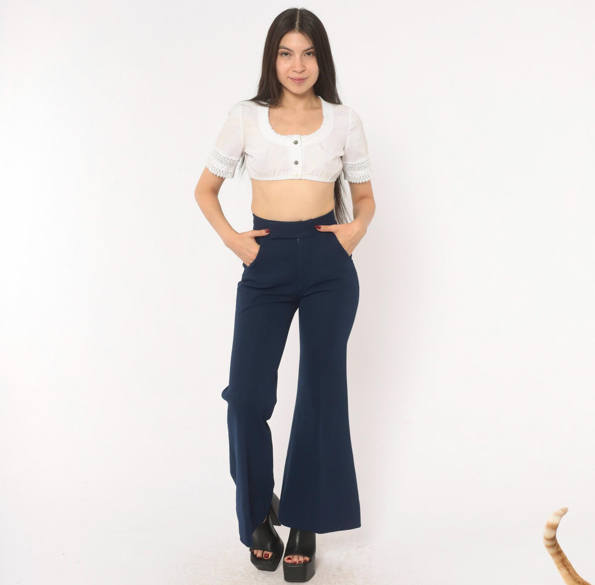 70s Oaxx Navy Bell Bottom Flare Pants High Waist Fitted Hip Extra Small