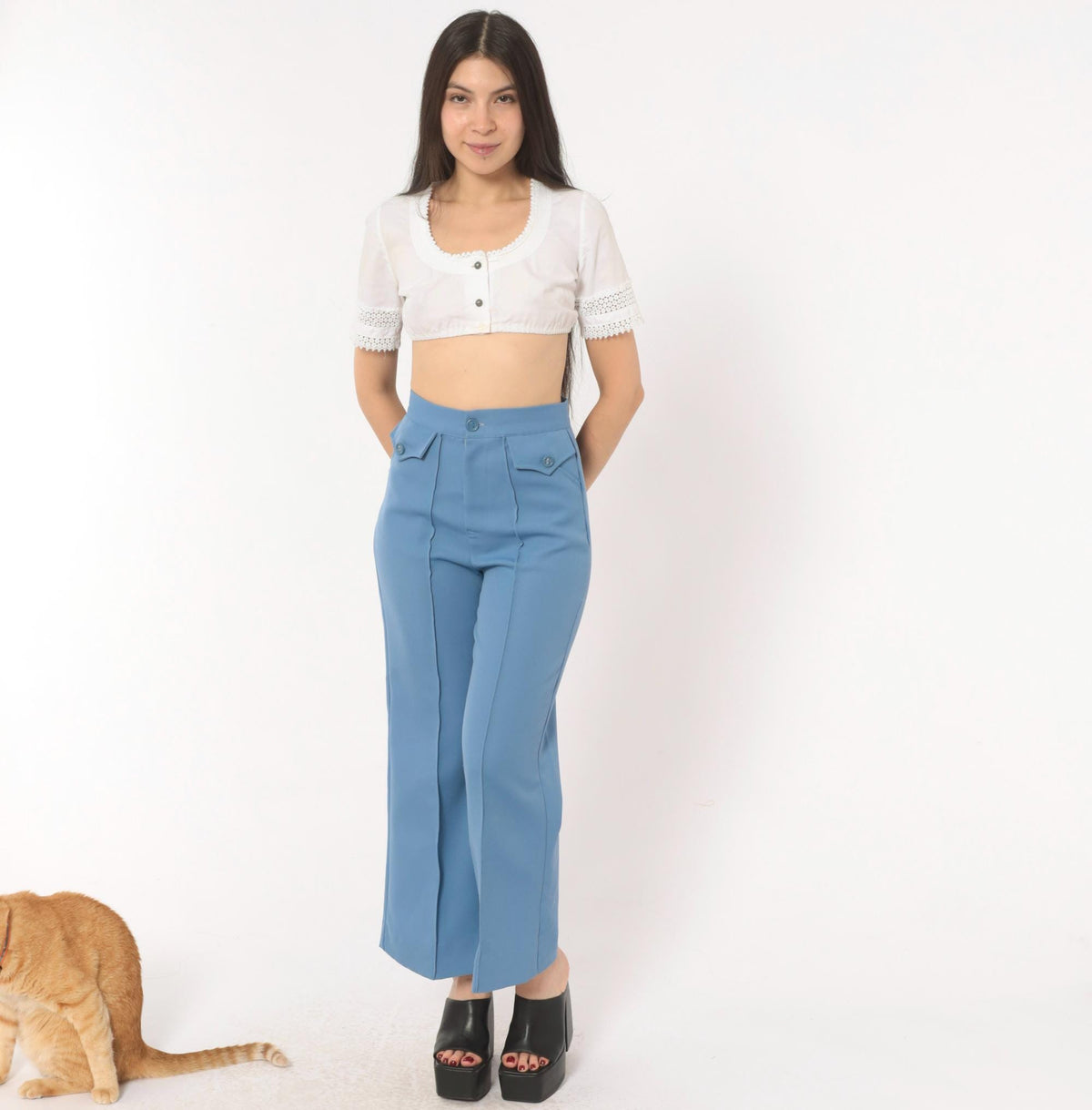 70s Steel Blue High Waisted Wide Leg Flare Trousers Cropped Ankle Extra Small XS