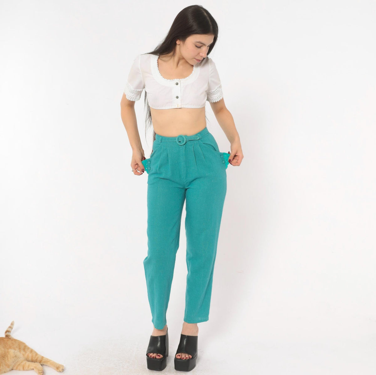 80s Teal High-Waist Pleated Tapered Trousers Eyelet Pockets Extra Small XS
