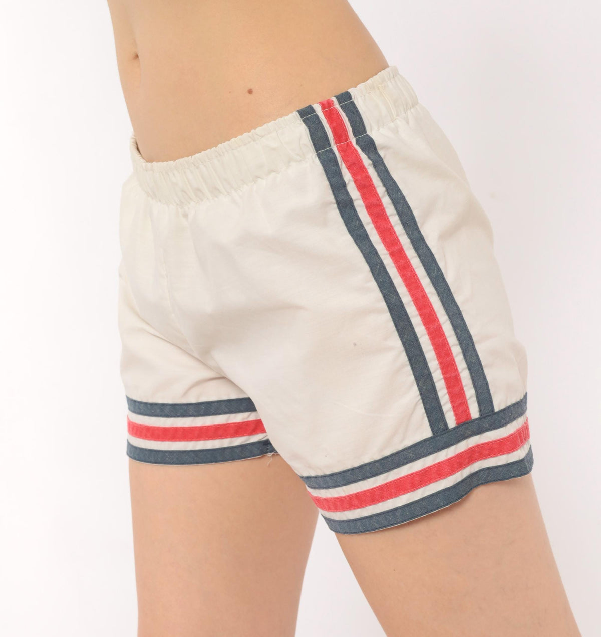 80s Striped Athletic Shorts White Navy Red Running Gym Small Medium