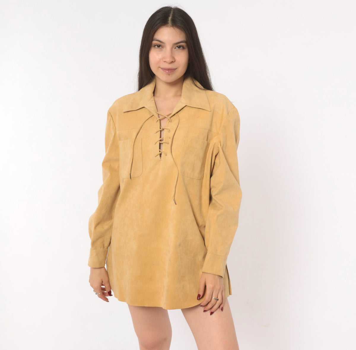 70s Tan Faux Suede Lace-Up Tunic Shirt Pointed Collar Long Sleeve Large L