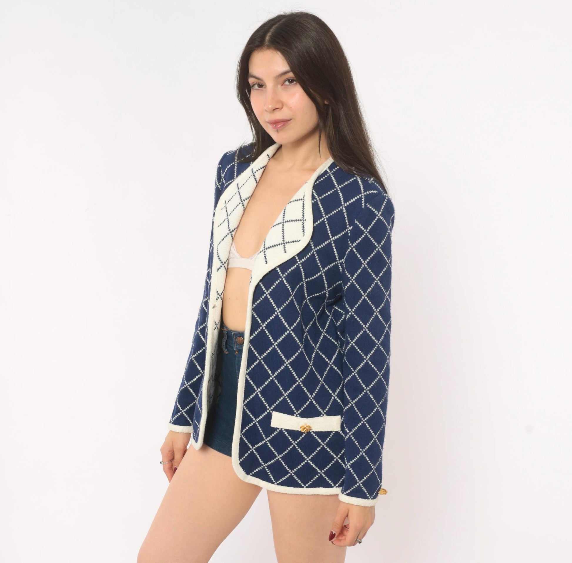 80s Castleberry Navy Diamond Knit Blazer White Trim Collarless Small