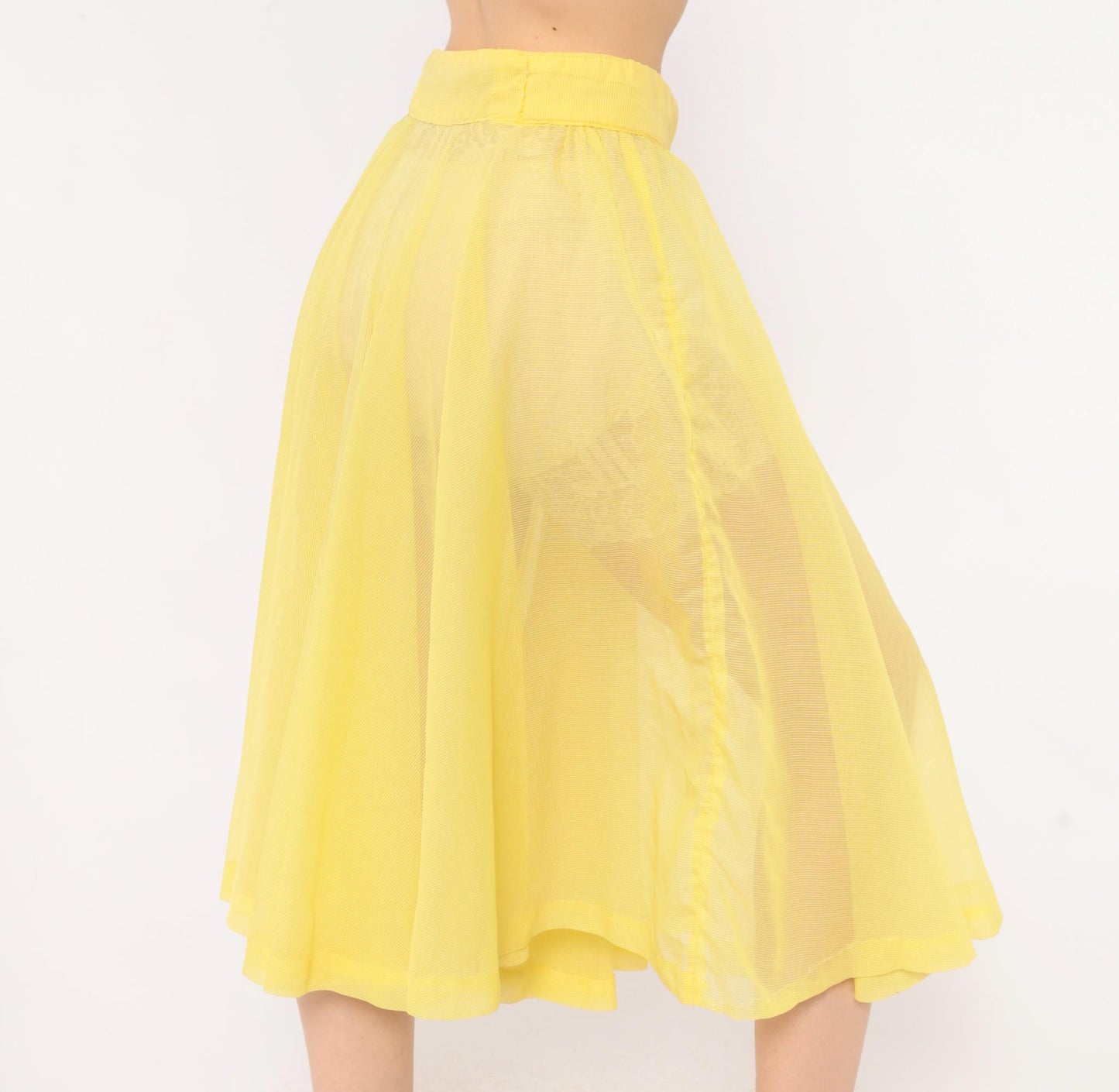 80s Yellow Sheer Circle Skirt Midi Ribbon Tie Lemon Chiffon Small