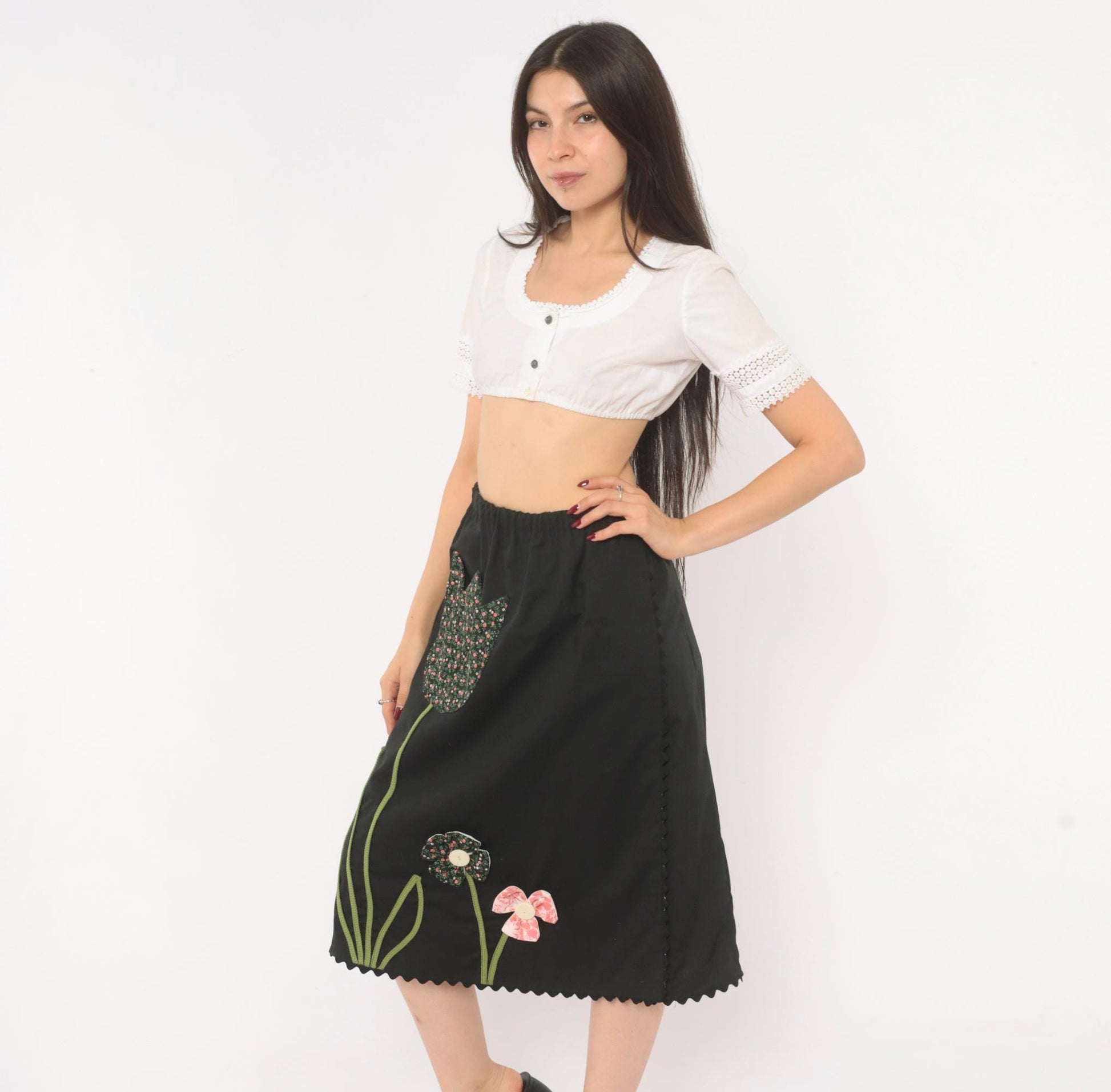 70s Black Floral Midi Skirt Tulip Pocket Patchwork A-Line Small