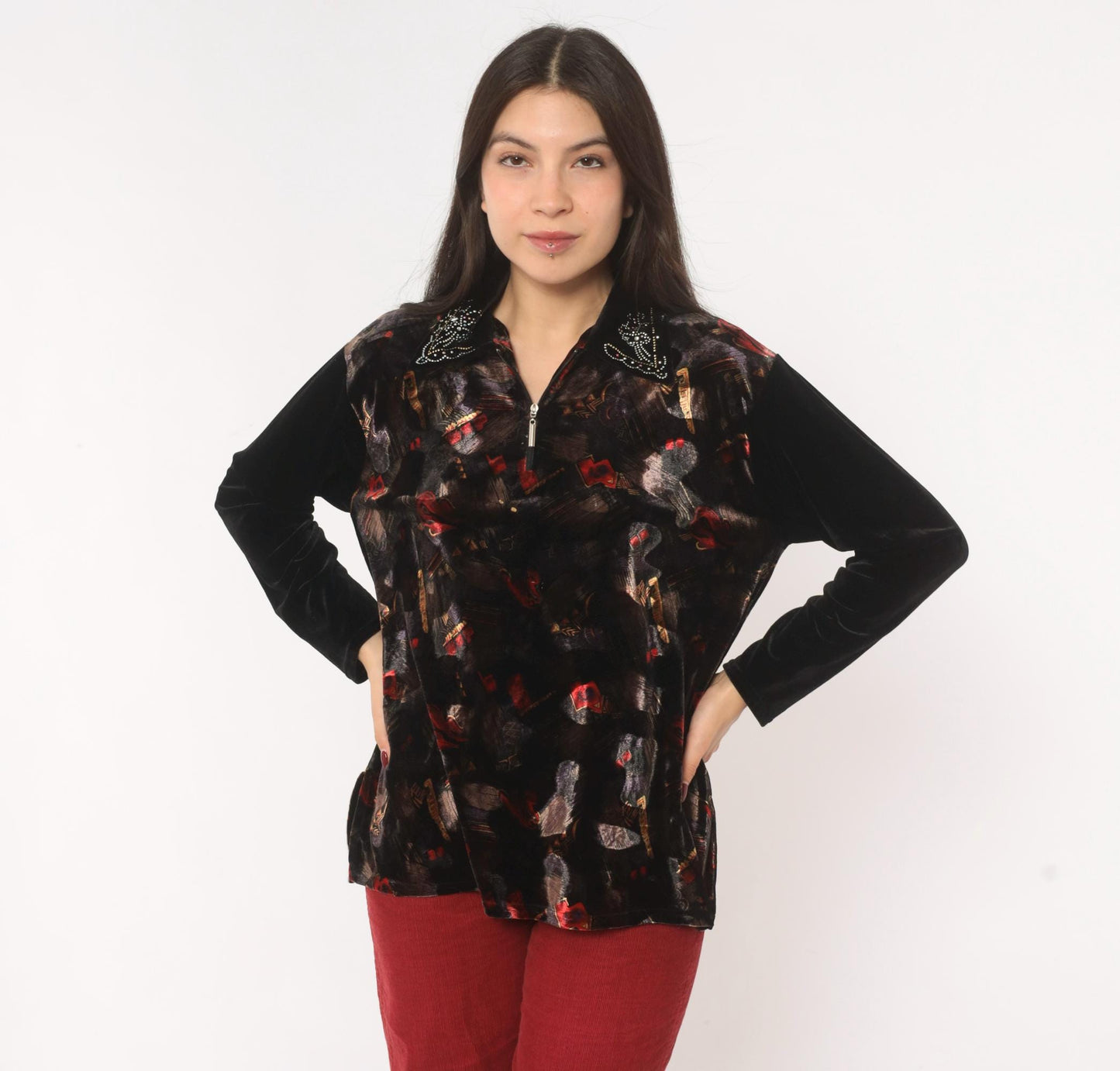90s Black Velvet Blouse Rhinestone Collar Painterly Print Long Sleeve Medium M