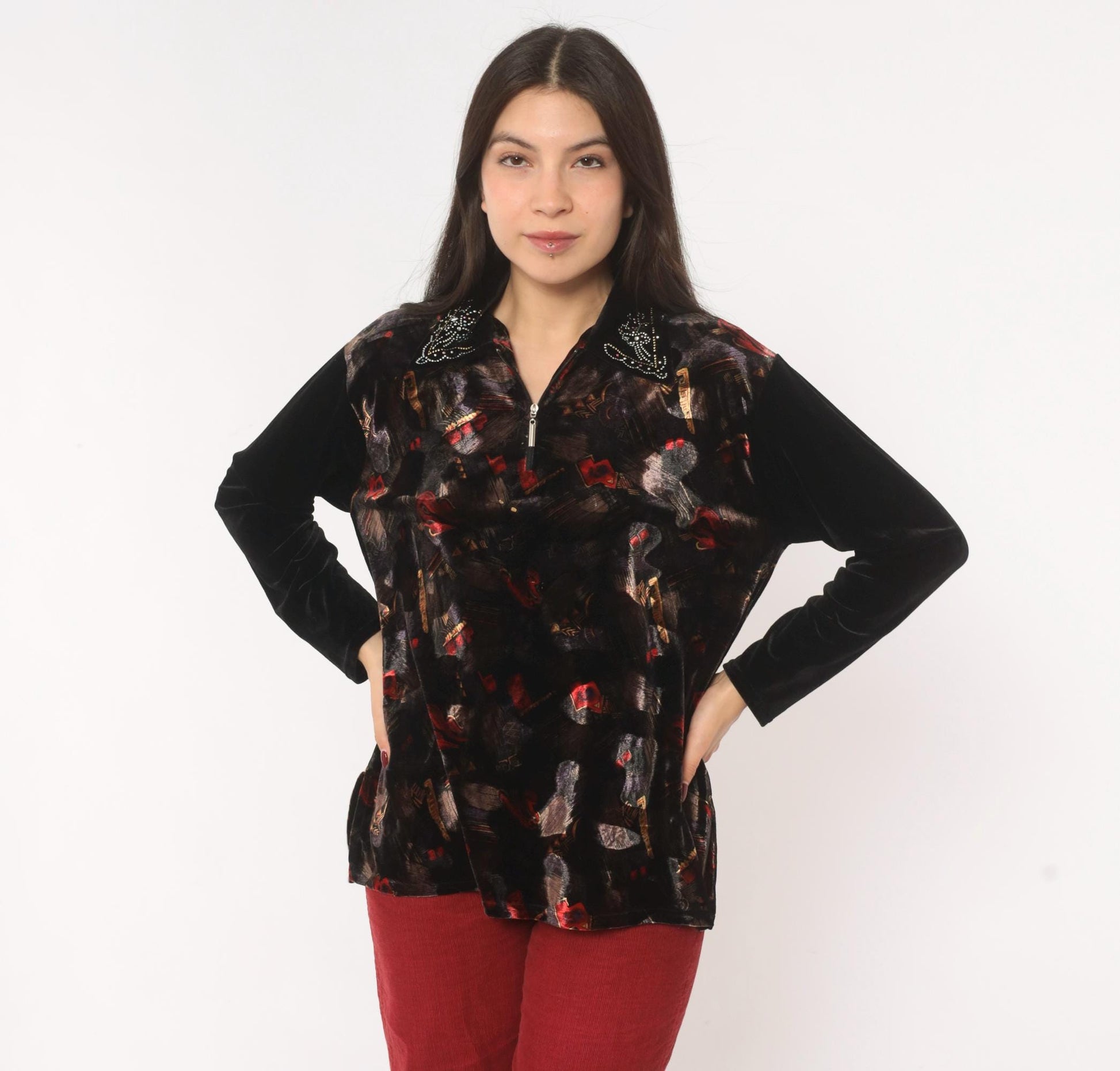 90s Black Velvet Blouse Rhinestone Collar Painterly Print Long Sleeve Medium M