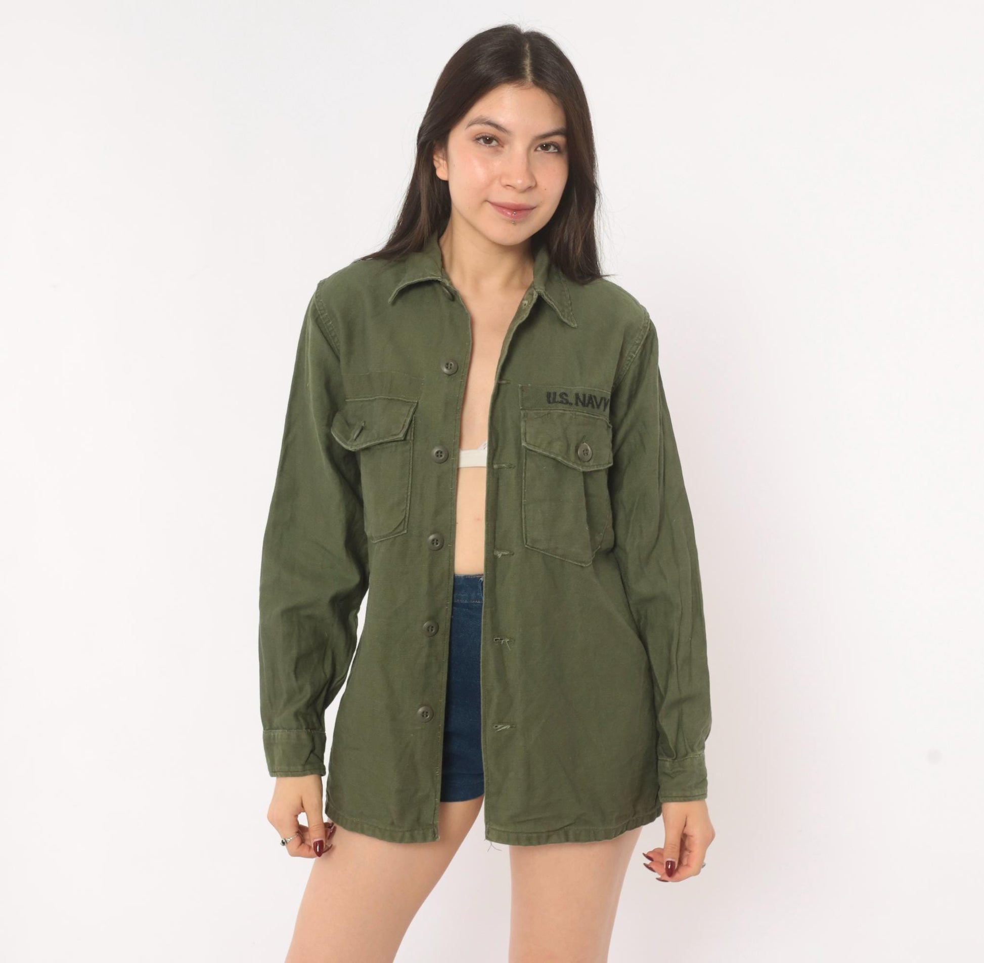 80s U.S. Navy Utility Shirt Olive Drab Cotton Military Field Top Medium