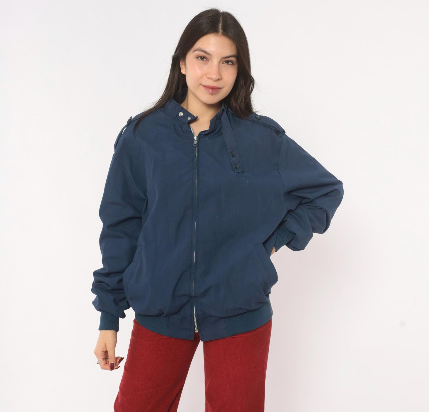 80s King Louie Navy Harrington Bomber Jacket Buffalo Plaid Lined Large L