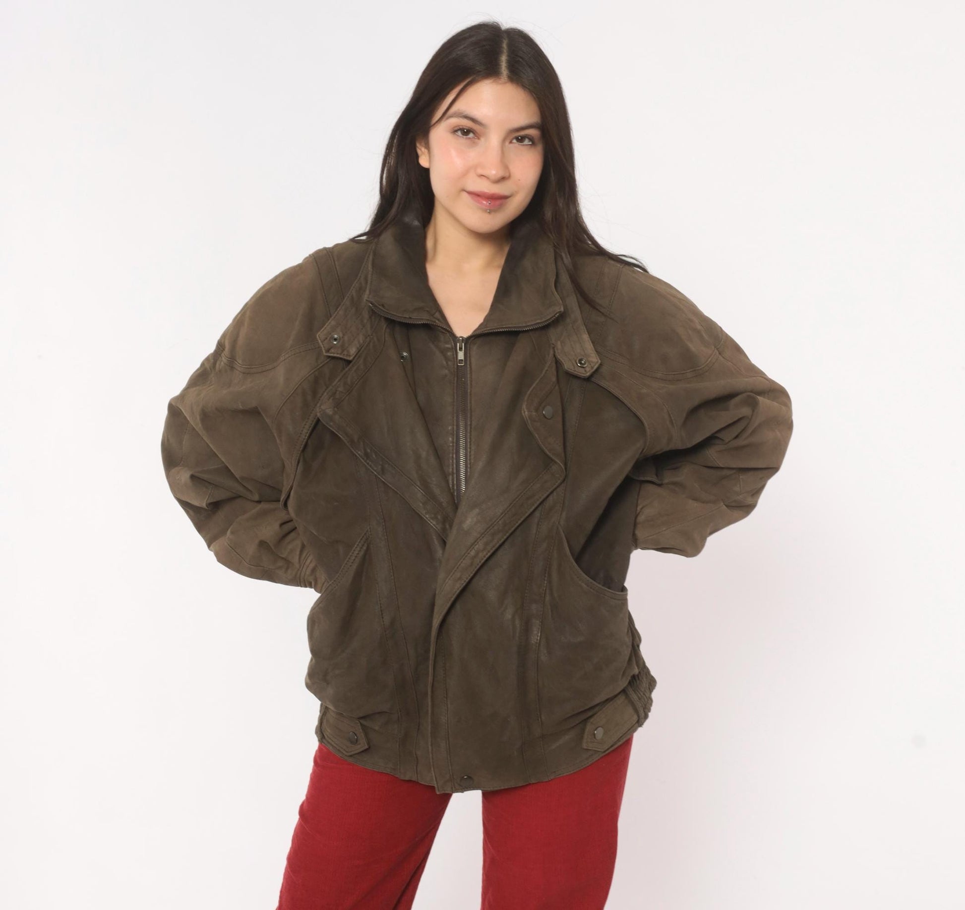 80s Pelle Studio Brown Leather Bomber Jacket Batwing Moto Large L