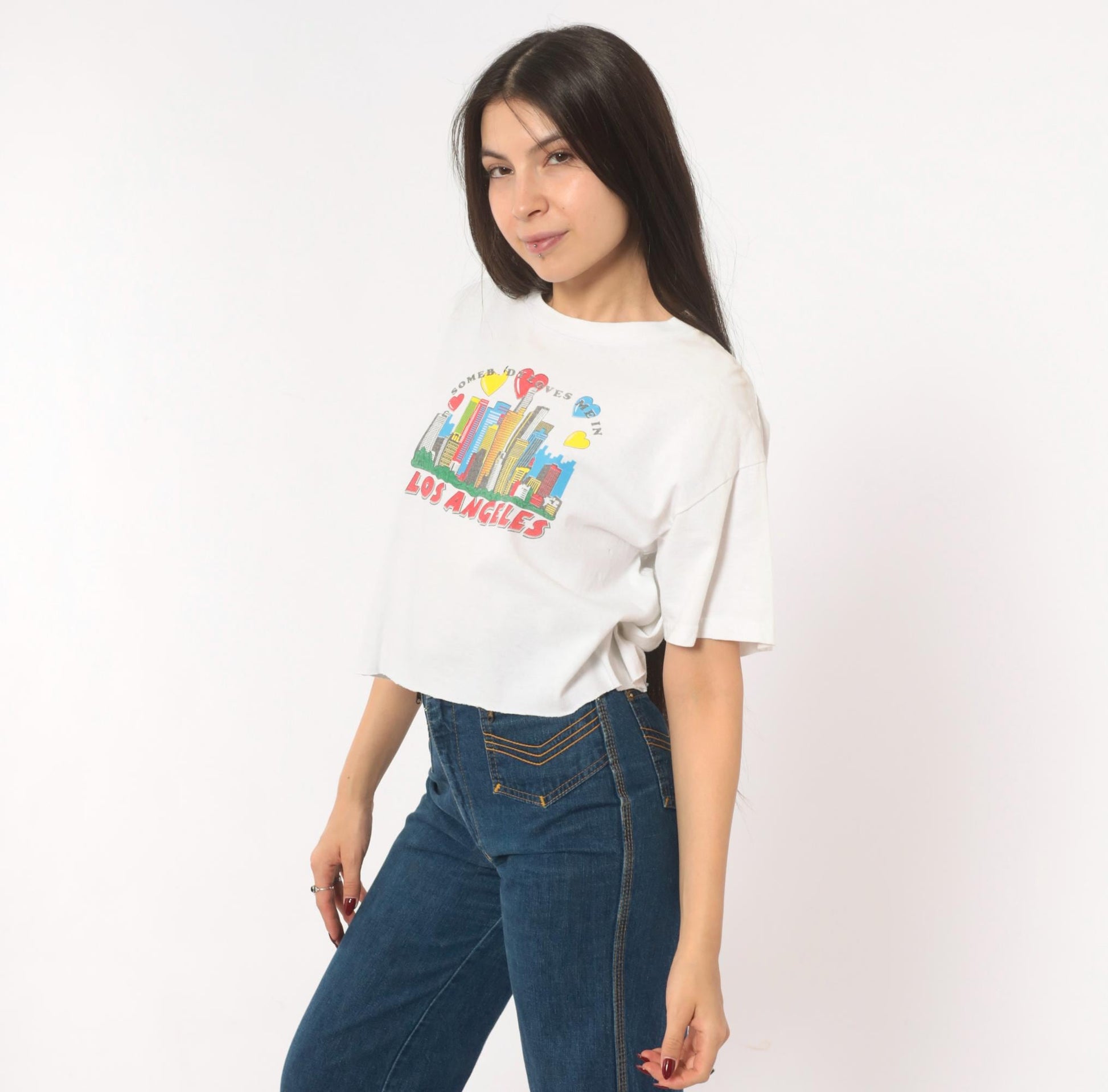 2000s Delta Crop Tee Los Angeles Skyline Hearts White Small