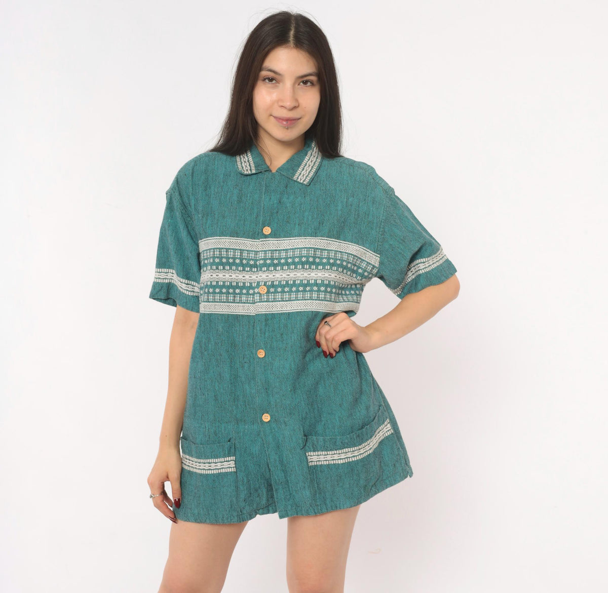 90s Teal Woven Shirt Jacquard Folk Pattern Cotton Collared Camp Large