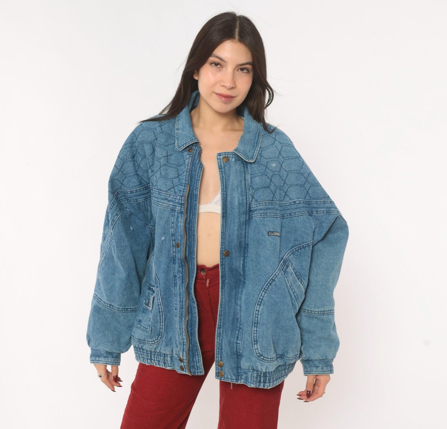 90s Kongloon Quilted Denim Bomber Sherpa Lined Jean Jacket Blue Large