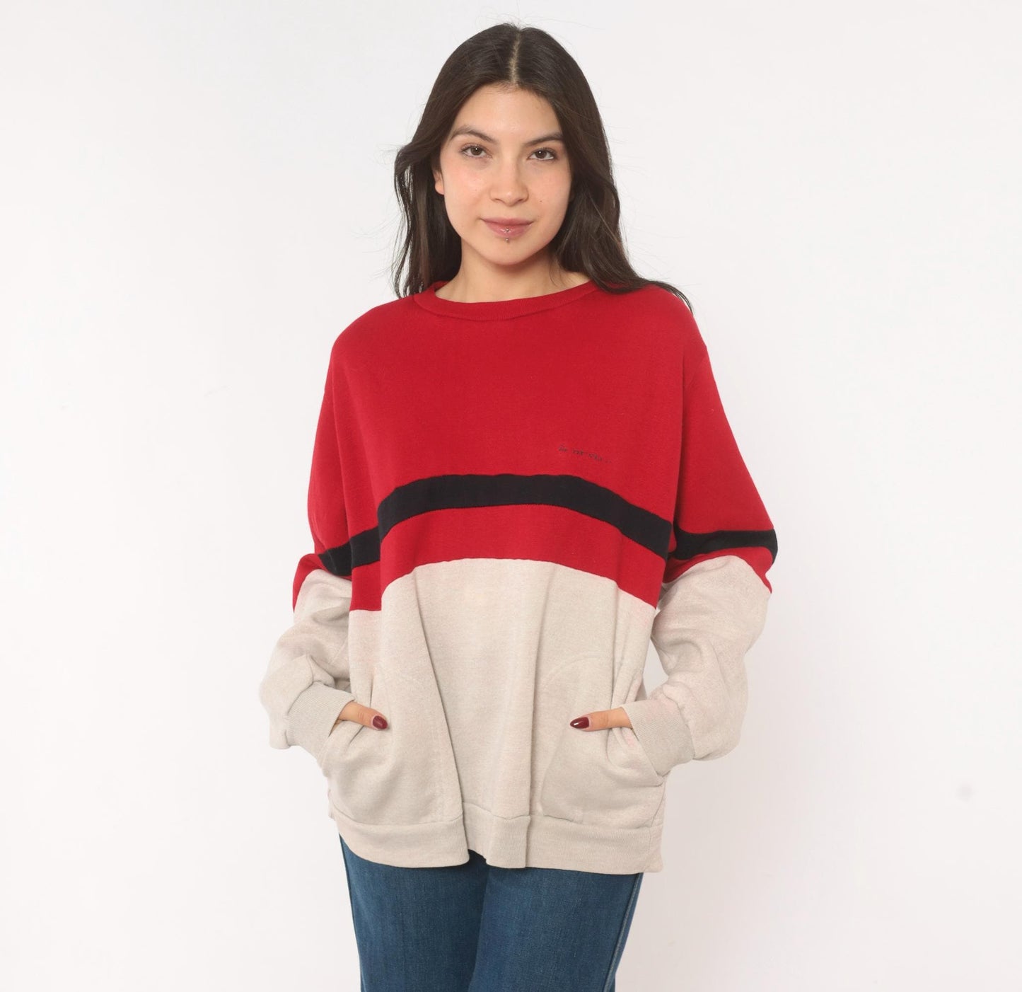 80s Dunlop Color Block Sweatshirt Red Cream Black Stripe Drop Shoulder Large