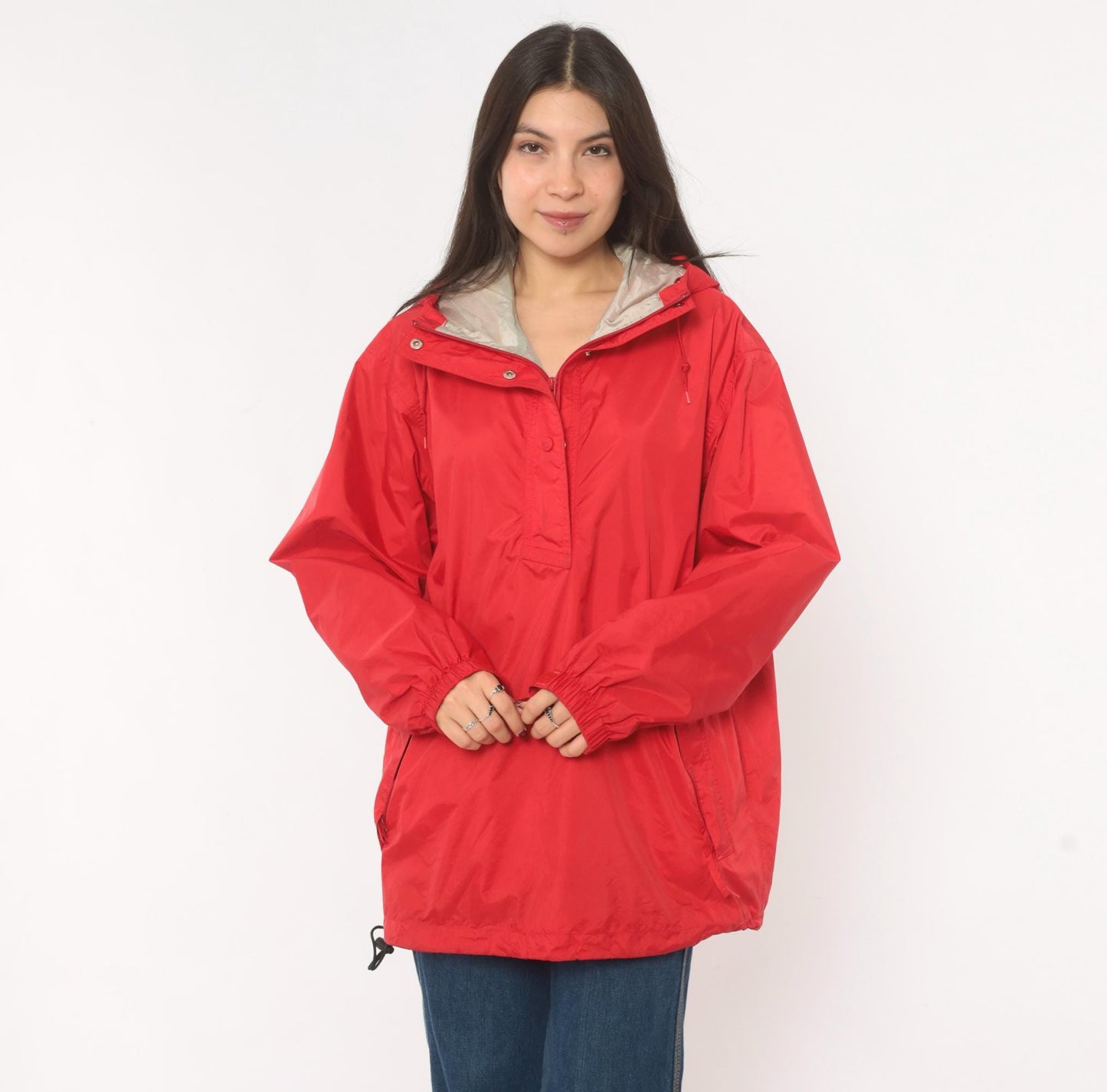 90s L.L.Bean Red Anorak Half-Zip Nylon Windbreaker Jacket Large L