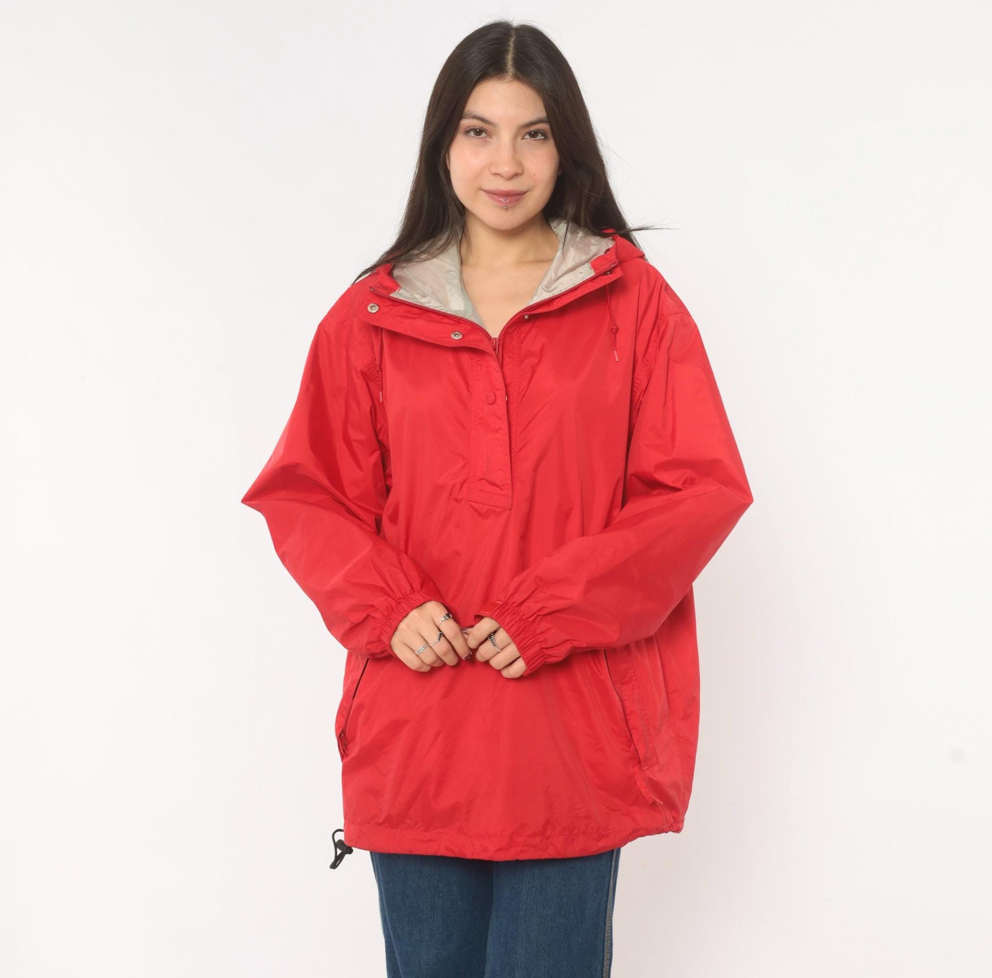 90s L.L.Bean Red Anorak Half-Zip Nylon Windbreaker Jacket Large L