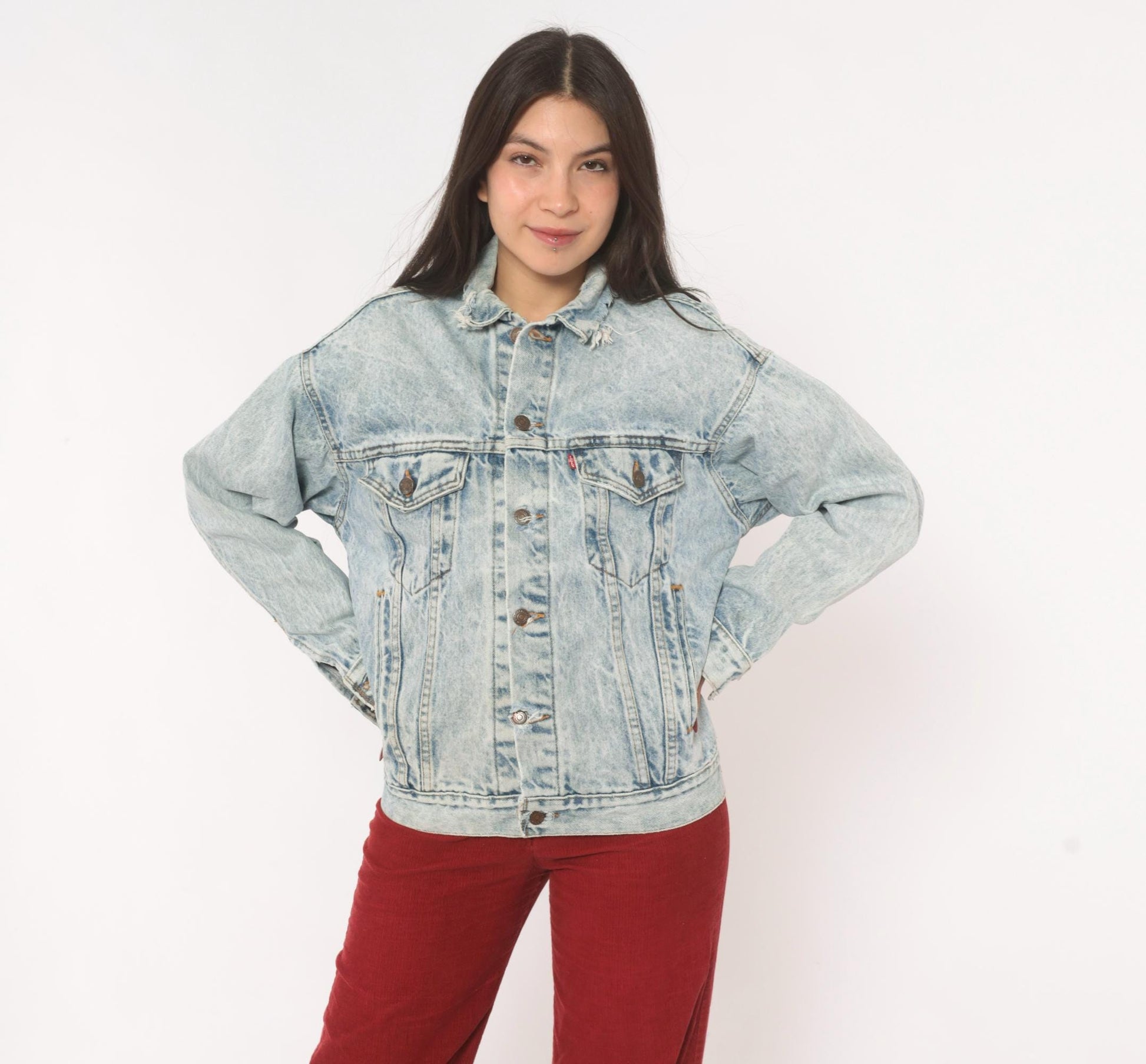 80s Levi's Acid Wash Denim Trucker Jacket Light Blue Distressed XS