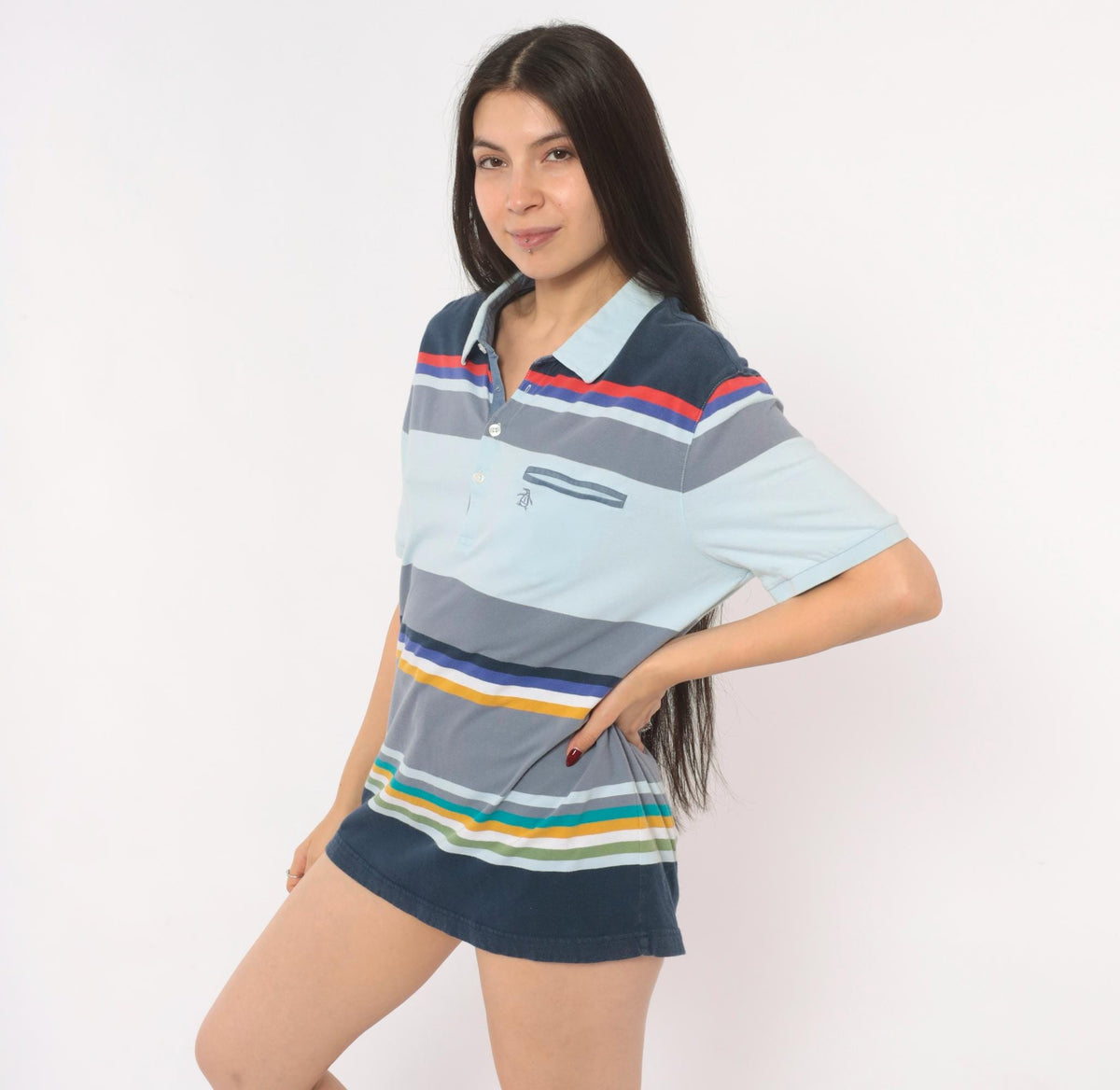 Y2K Penguin Striped Polo Cotton Collared Shirt Multicolor Large L