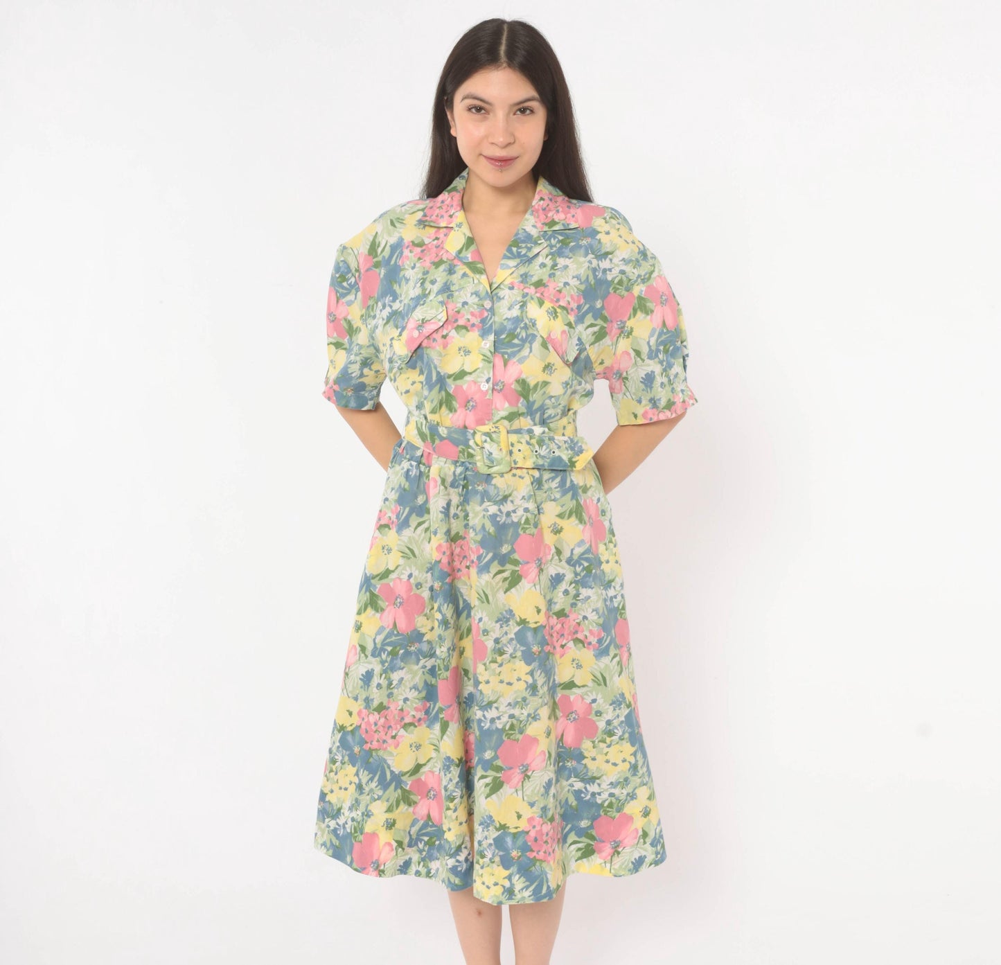 80s Cabrais Floral Midi Shirtdress Puff Sleeve Belted Pink Garden Medium