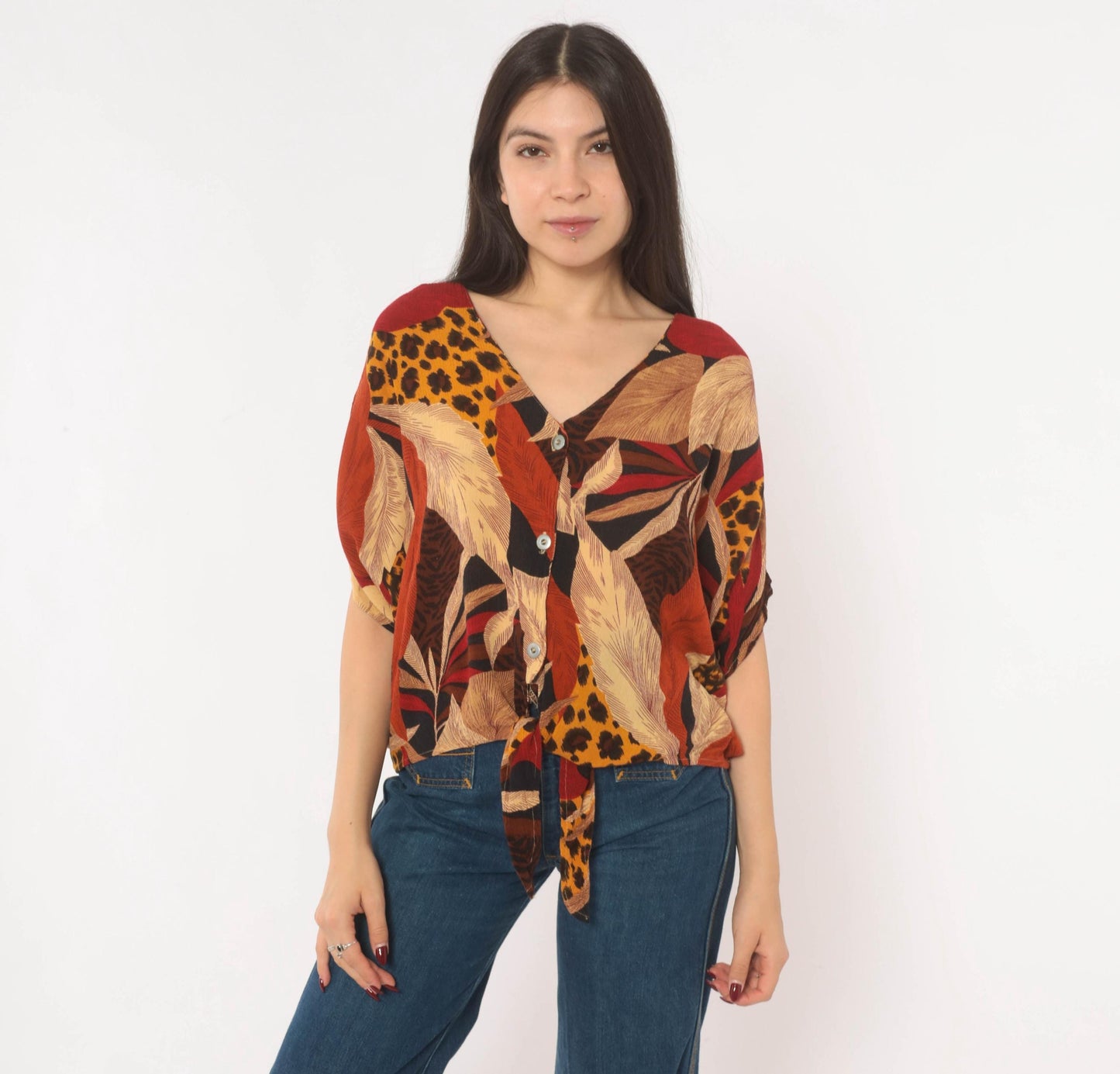 90s Options Melrose Tropical Leopard Button Blouse Tie Front Large L