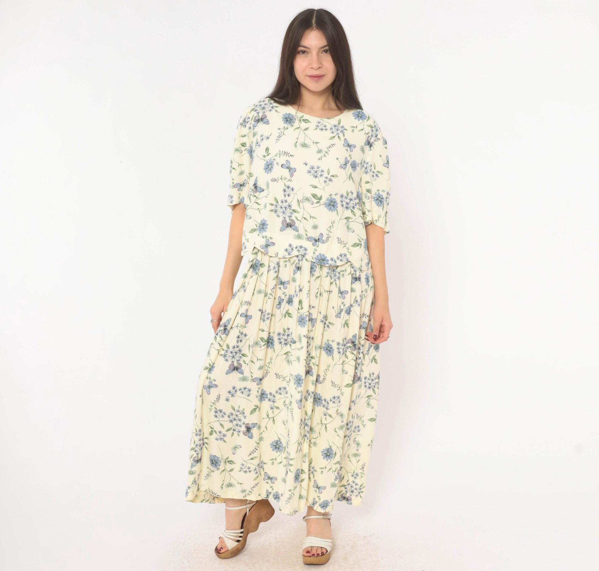 90s SL Fashions Floral Maxi Dress Cream Blue Lavender Peplum Short Sleeve Extra Large XXL
