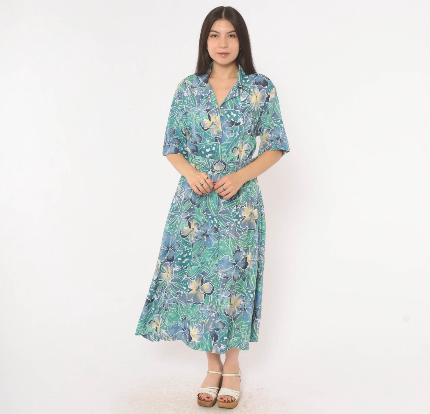 80s Elinor Carolina Maid Tropical Floral Shirtdress Blue Midi Medium