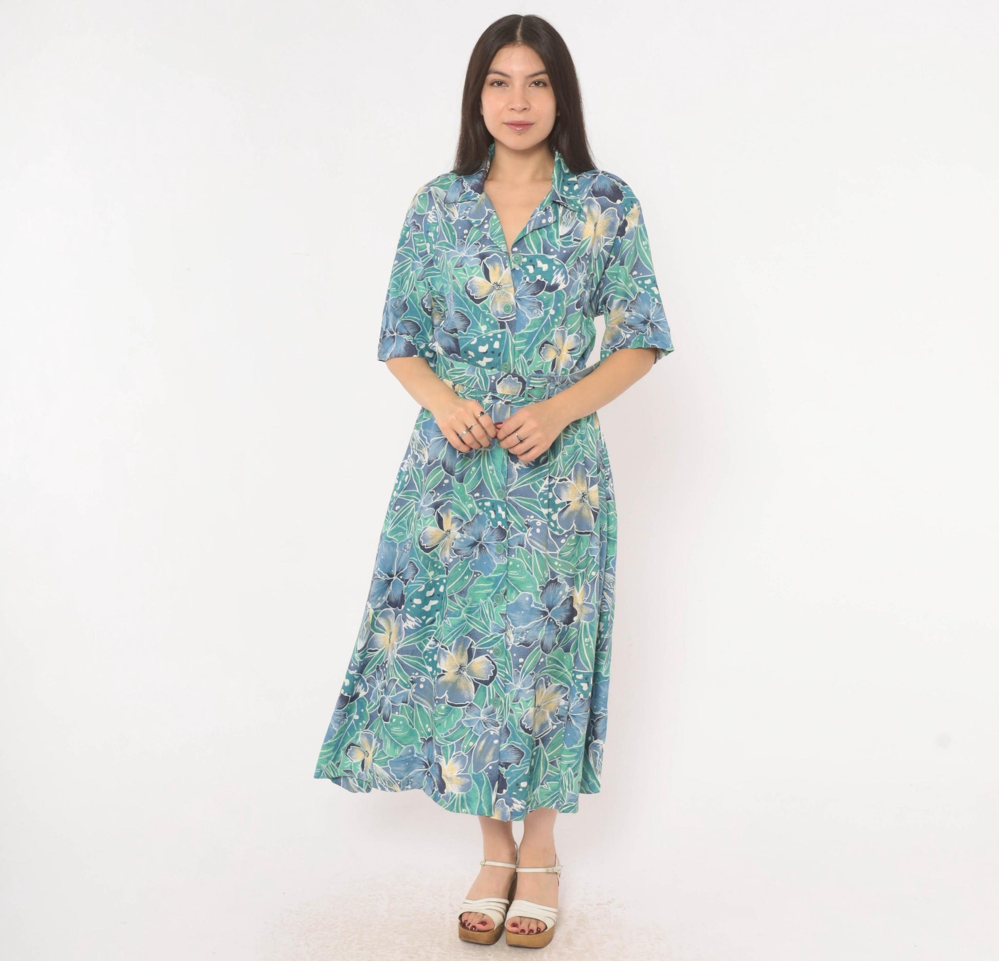 80s Elinor Carolina Maid Tropical Floral Shirtdress Blue Midi Medium