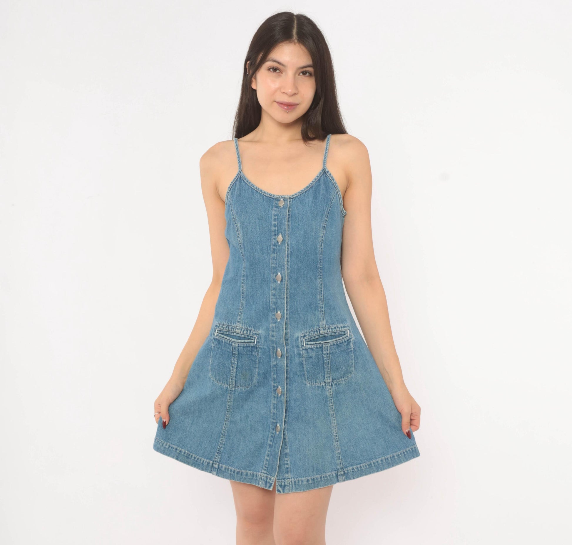 90s Dockers Denim Mini Dress Button Front Spaghetti Strap Blue Small