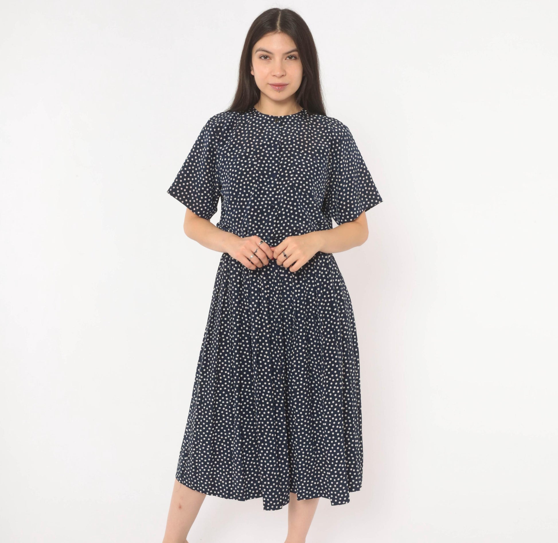 90s Navy Polka Dot Midi Dress Liz Petites Button Front Crew Neck Medium M