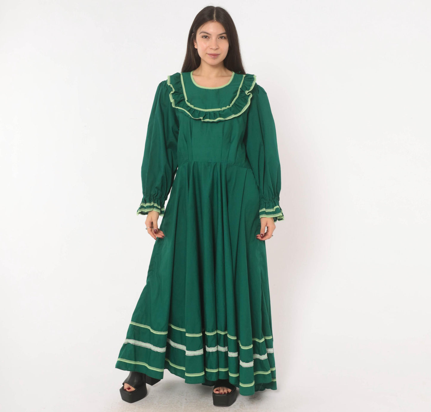 70s Forest Green Prairie Maxi Dress Lace Ruffle Puff Sleeve Large L