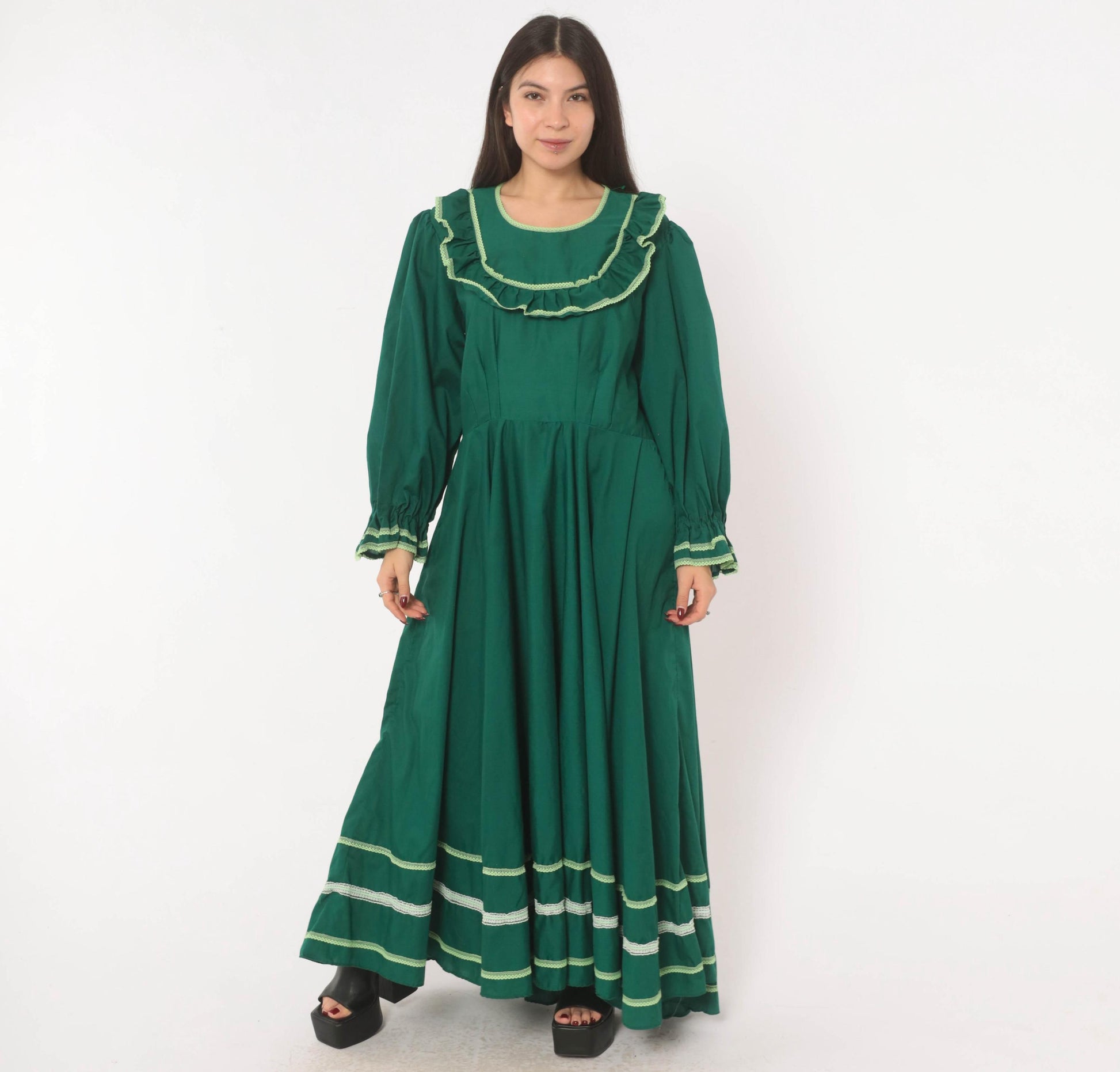 70s Forest Green Prairie Maxi Dress Lace Ruffle Puff Sleeve Large L