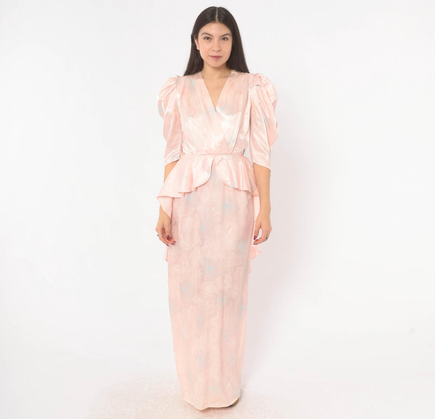 80s Zum Zum Puff Sleeve Maxi Gown Blush Pink Jacquard Floral Extra Small XS