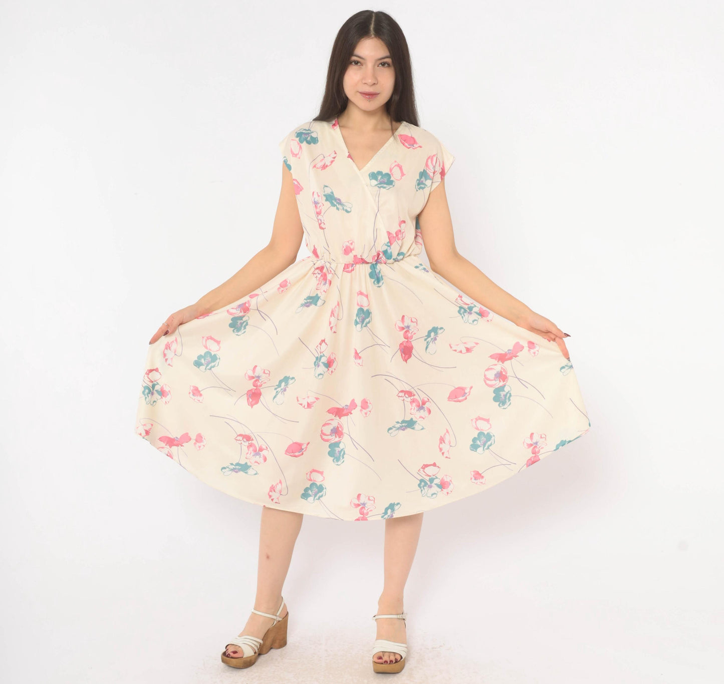 80s Floral Wrap Dress Cream Pink Teal Cap Sleeve Knee Length Medium
