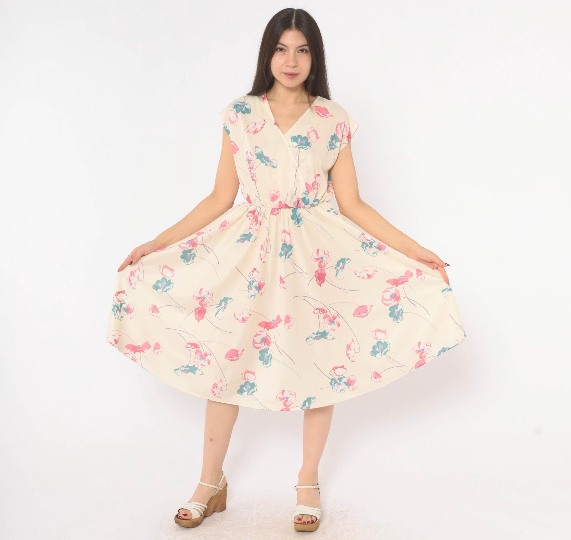 80s Floral Wrap Dress Cream Pink Teal Cap Sleeve Knee Length Medium