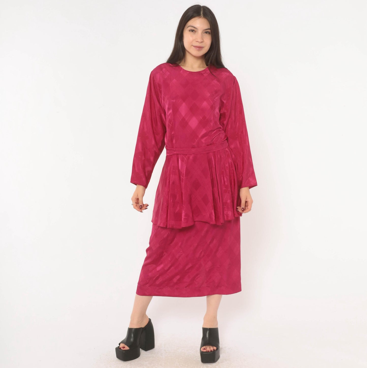 80s Fuchsia Peplum Midi Dress Open Back Jacquard Long Sleeve Large L