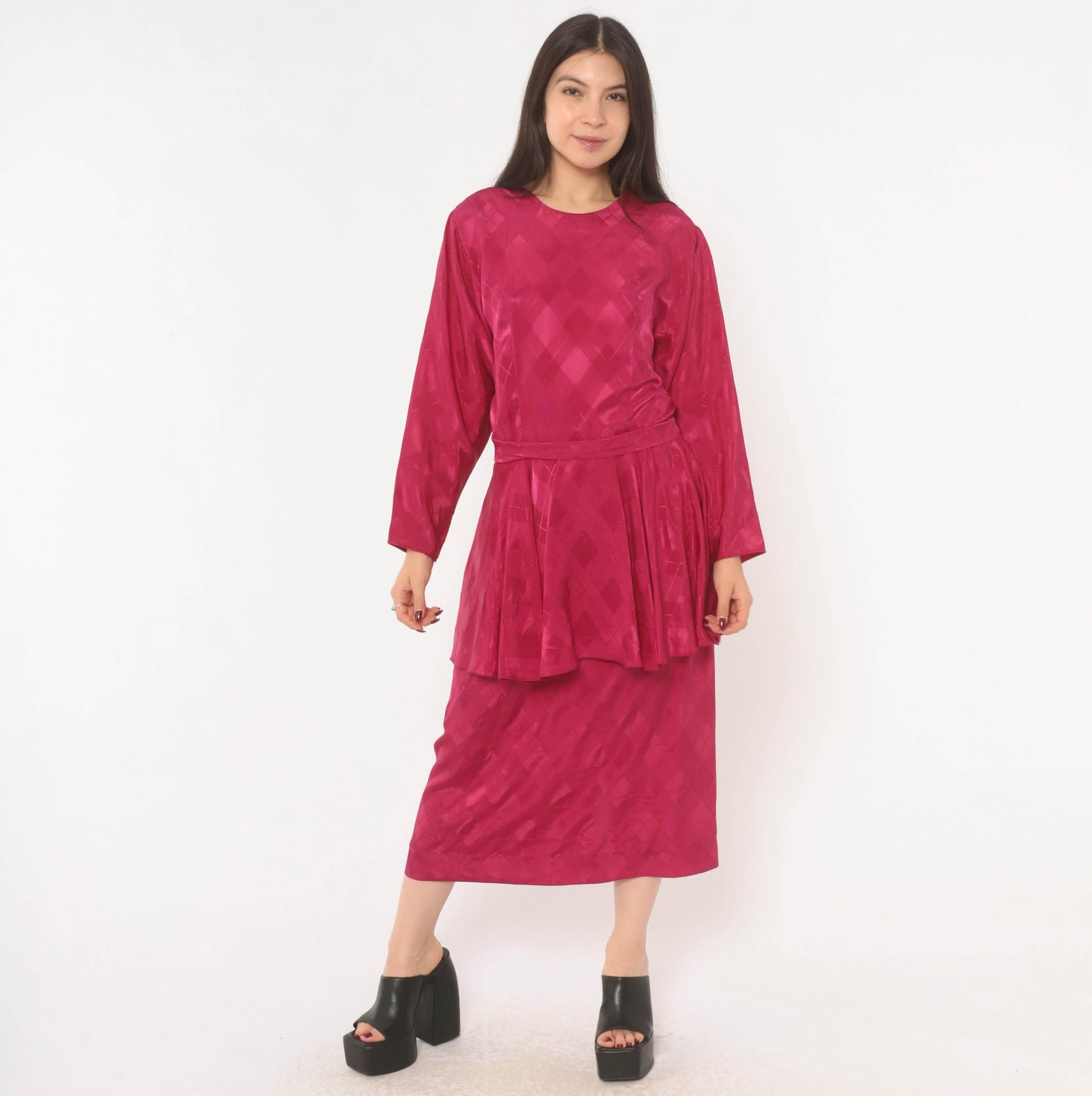 80s Fuchsia Peplum Midi Dress Open Back Jacquard Long Sleeve Large L