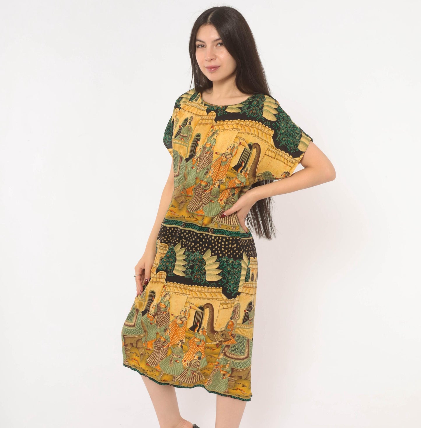 90s Mughal Palace Print Shift Dress Mustard Green Rayon Medium M