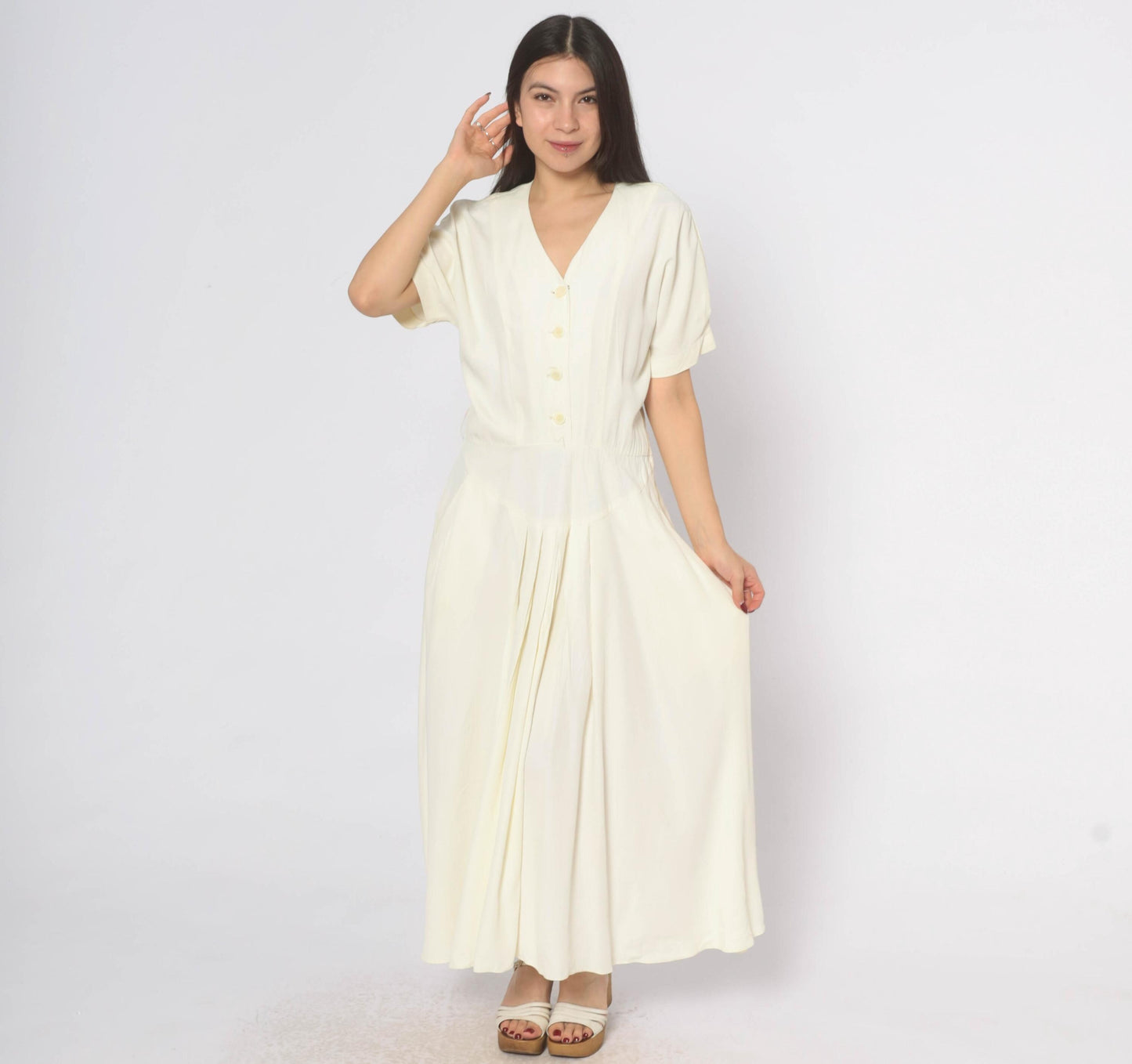 90s E.D. Michaels Cream Button Front Maxi Dress Puff Sleeve Drop Waist Medium M