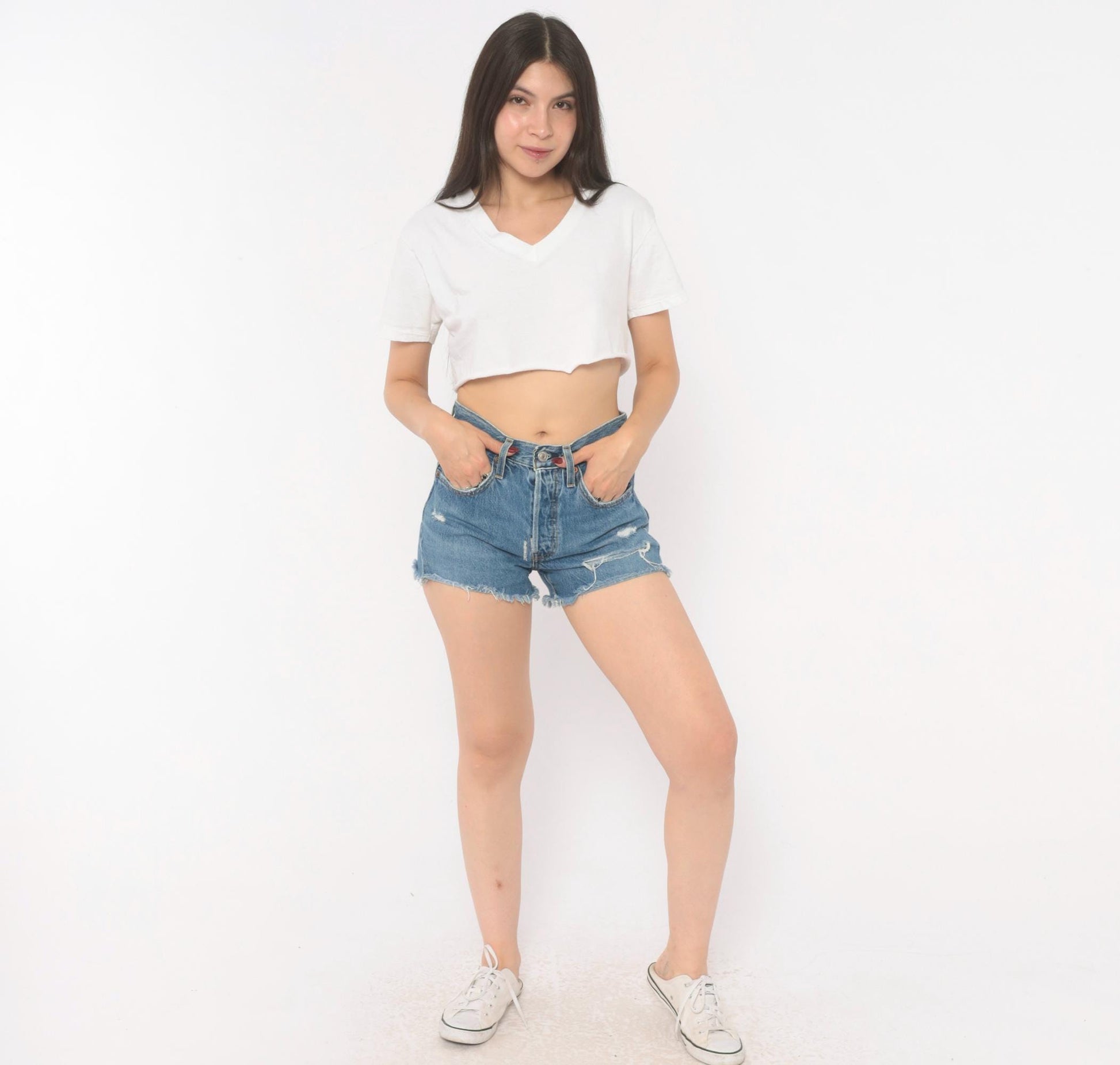 Levi's 501 Cutoff Denim Shorts Blue Button Fly High Rise Distressed Extra Small XS