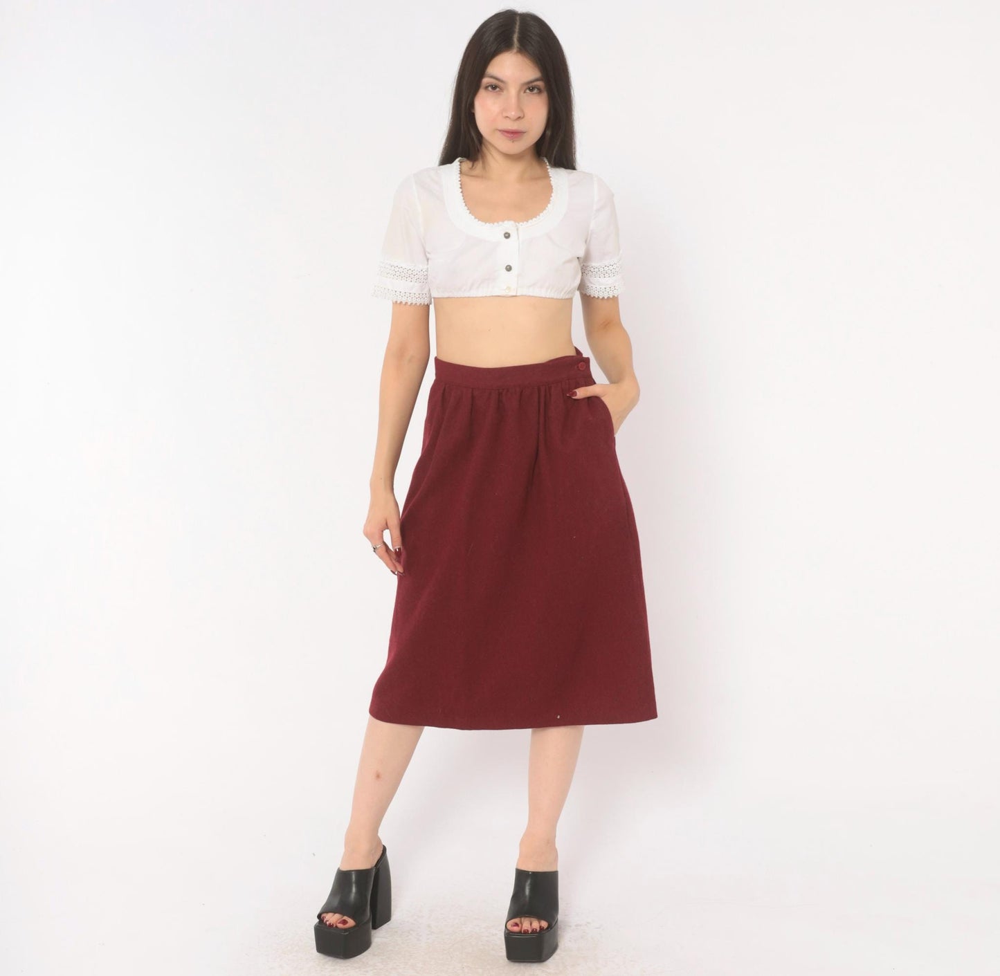 80s Sag Harbor Burgundy Wool A-Line Skirt Pleated Pockets Small
