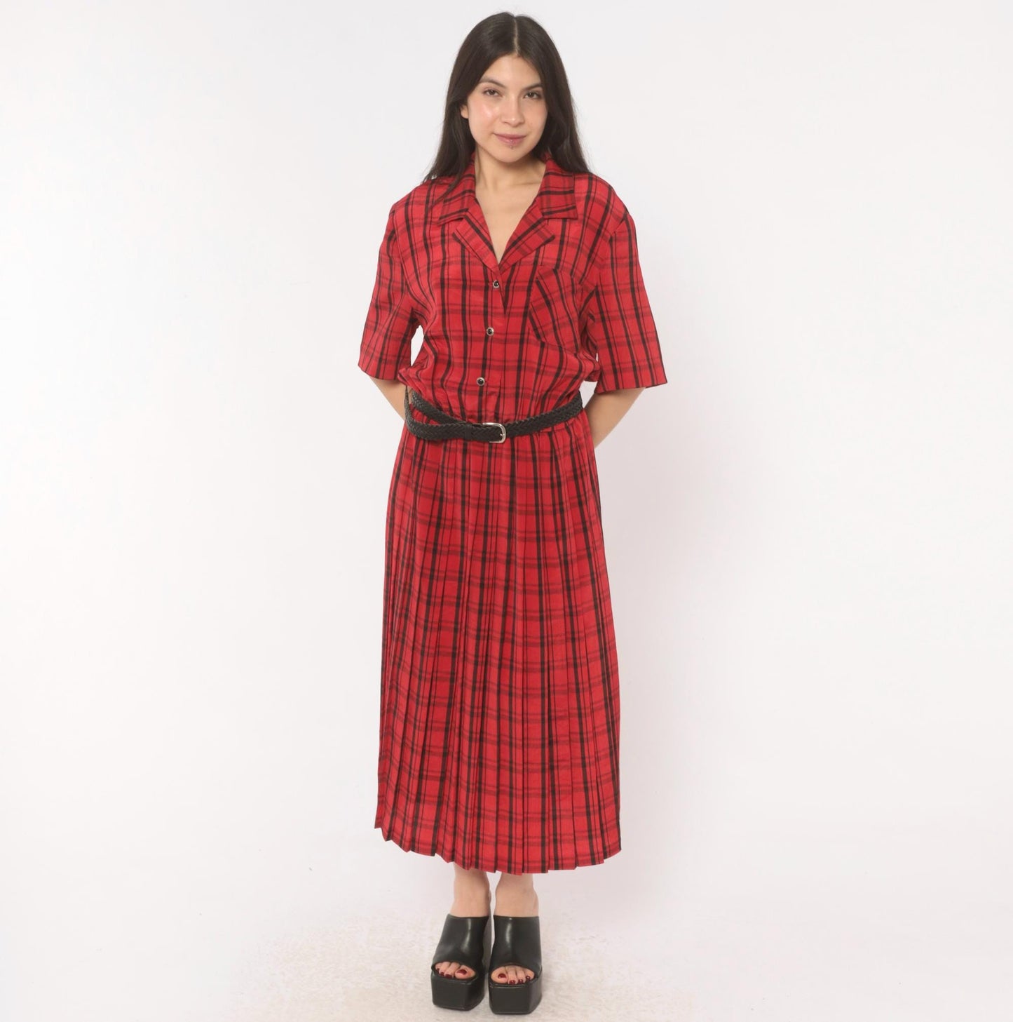 80s Leslie Fay Plaid Shirtdress Red Black Tartan Midi Pleated Medium Large