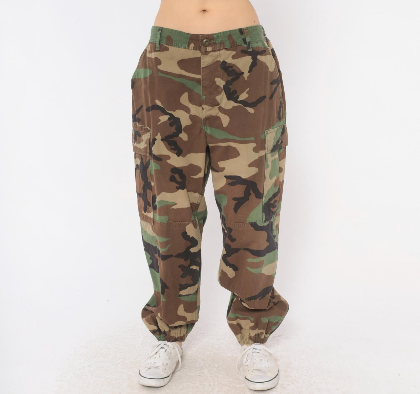 90s American Apparel Woodland Camo Cargo Pants Tapered Olive Medium M